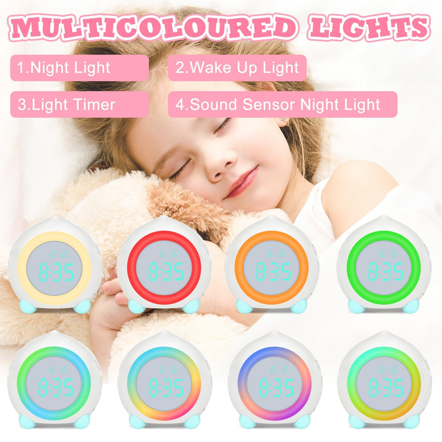 Ayybboo Kids Alarm Clock Digital, Alarm Clock Digital Sunrise Simulator Kids Alarm Clock for Girls Boys with Colorful Lights Quiet Alarm Clock No Ticking Bedroom (White)