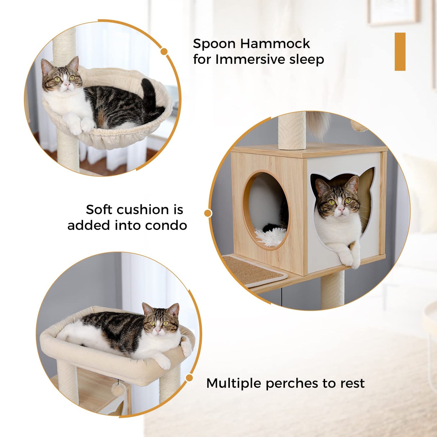 PAWZ Road Modern Cat Tree Wooden Cat Tower with Storage Cabinet Cat Bathroom Enclosure and Spacious Cat House Large upper perching platform and hammock Beige