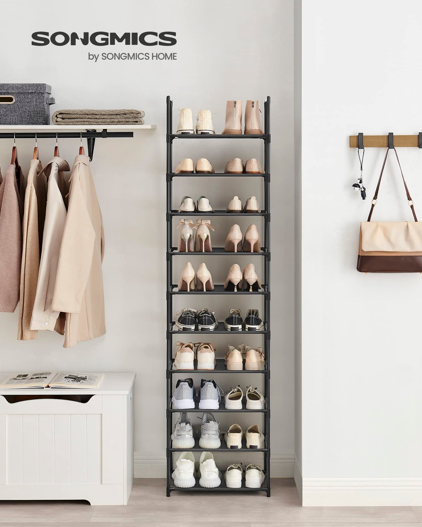 SONGMICS Shoe Rack, 10 Tiers, Shoe Shelf, Shoe Storage, Narrow, 28 x 45 x 173 cm, Metal Frame, Shelves with Non-Woven Fabric, for Entryway, Bedroom, Black LSH010B02