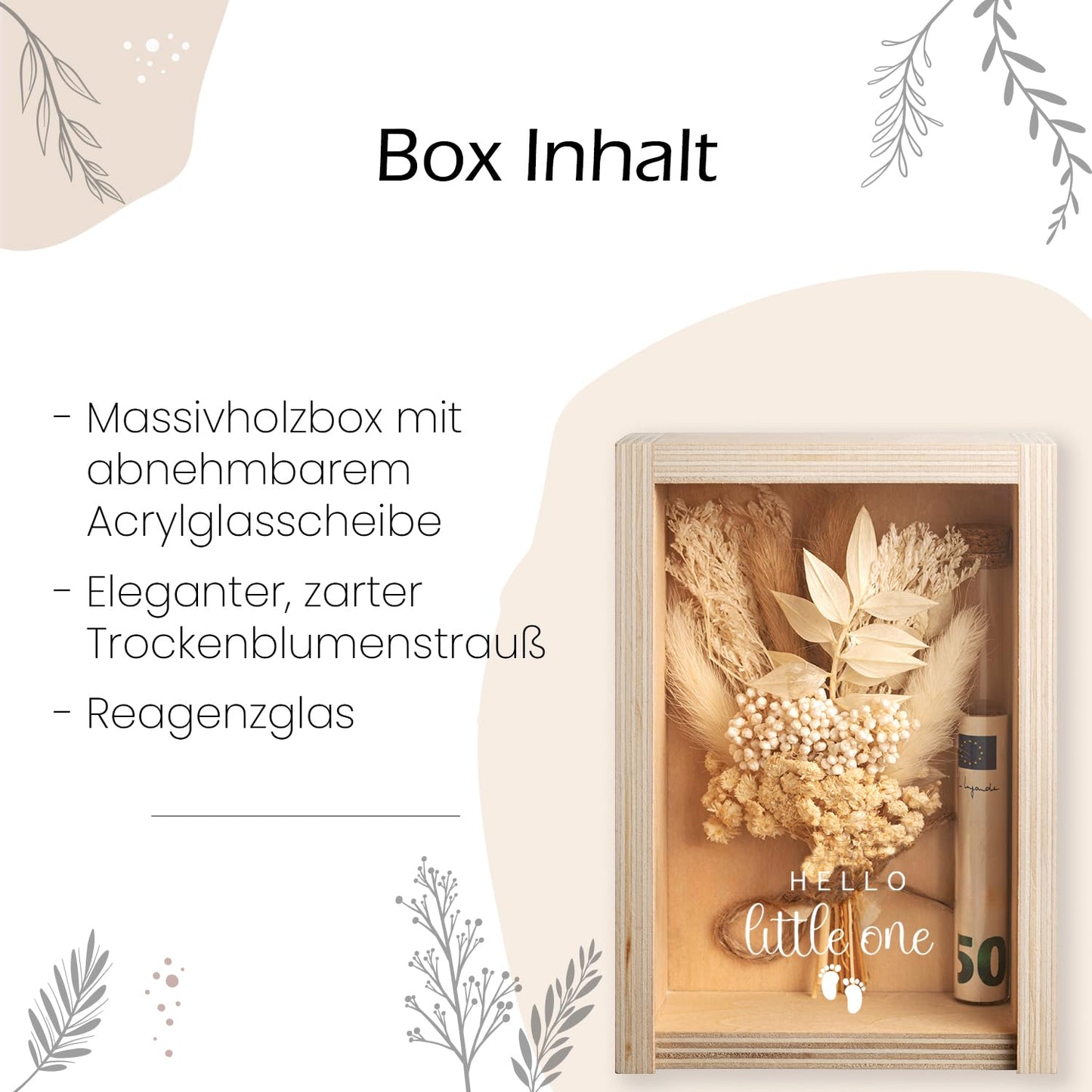 Buy by Brothers money box, money gift box, money gift, Hello Little One, baby boy/girl birth gift, wooden box+dried flowers+test tube, muted green, rusty orange, tan.