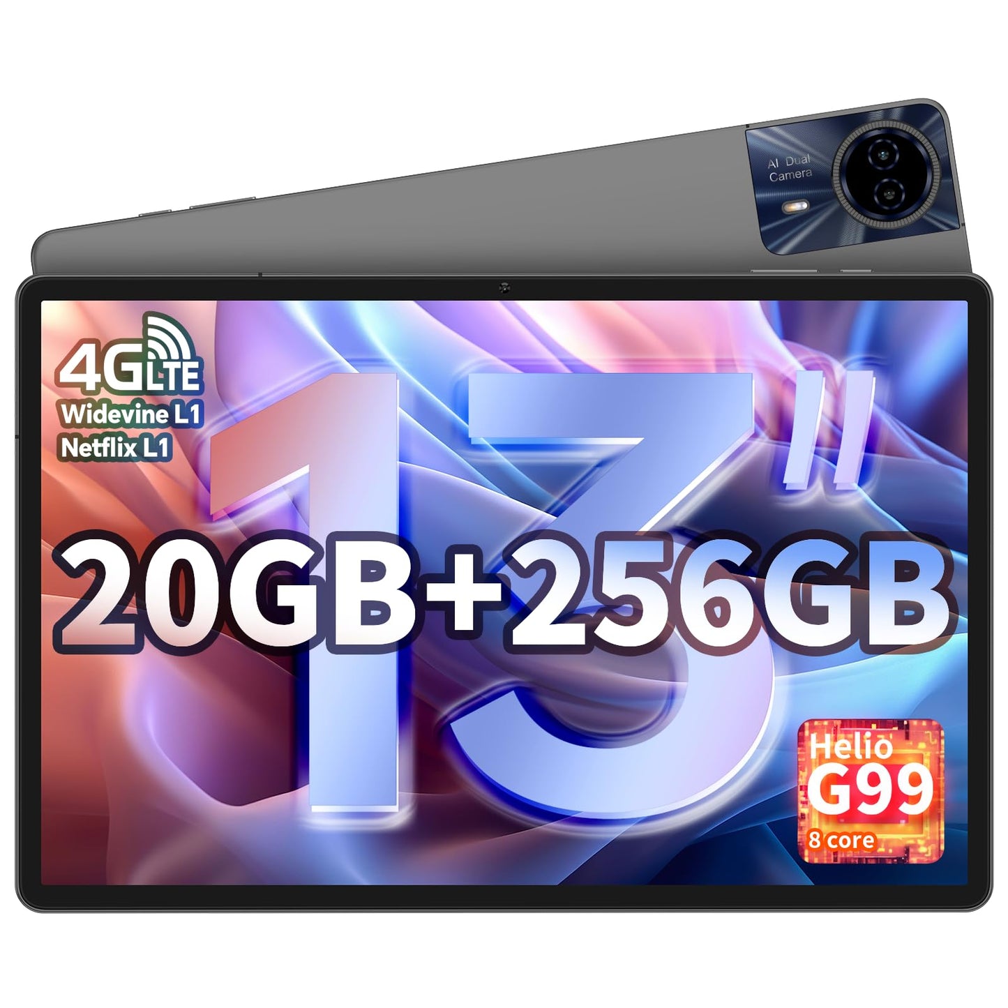 TECLAST T65 MAX 13-inch Android tablet with Helio G99 for gaming, 20GB RAM+256GB ROM (expandable to 2TB). Features 10000mAh battery, Widevine L1, 4G LTE SIM + 5G WiFi, GPS/GMS, 13MP+8MP cameras, and BT5.0. Large display for immersive experience.