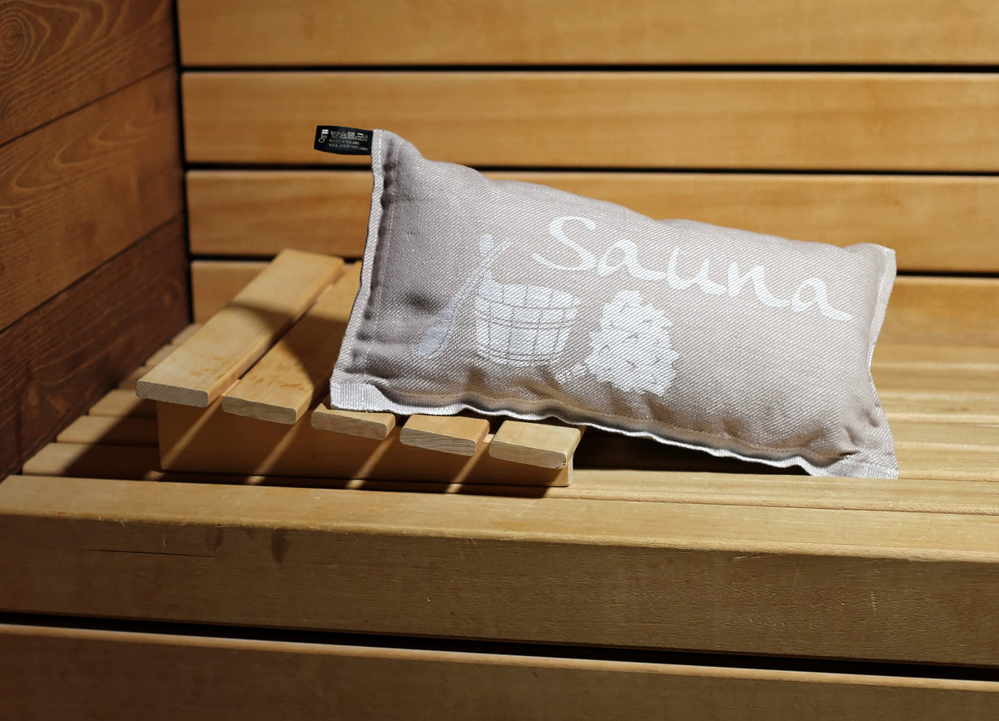 JOKIPIIN | 1 x Favorite Sauna Pillow Travel Pillow | Design: Sauna | Dimensions: 40 x 22 cm, Linen/Cotton | Certified pollutant-tested Ökotex 100 | Made in Finland (Beige/White)