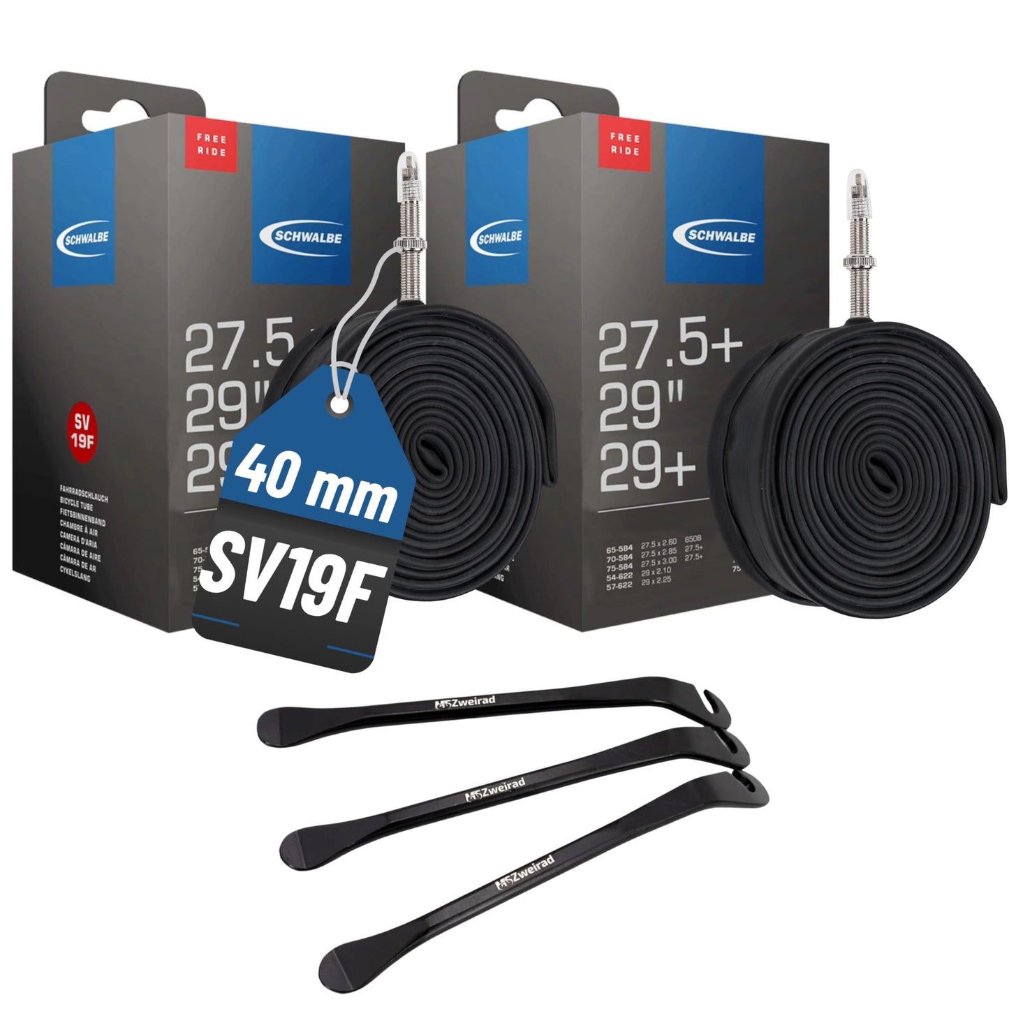 2-pack Schwalbe tube SV 19F Freeride 40 mm for 29" (54/75-622) including 3 MSZweirad tire levers