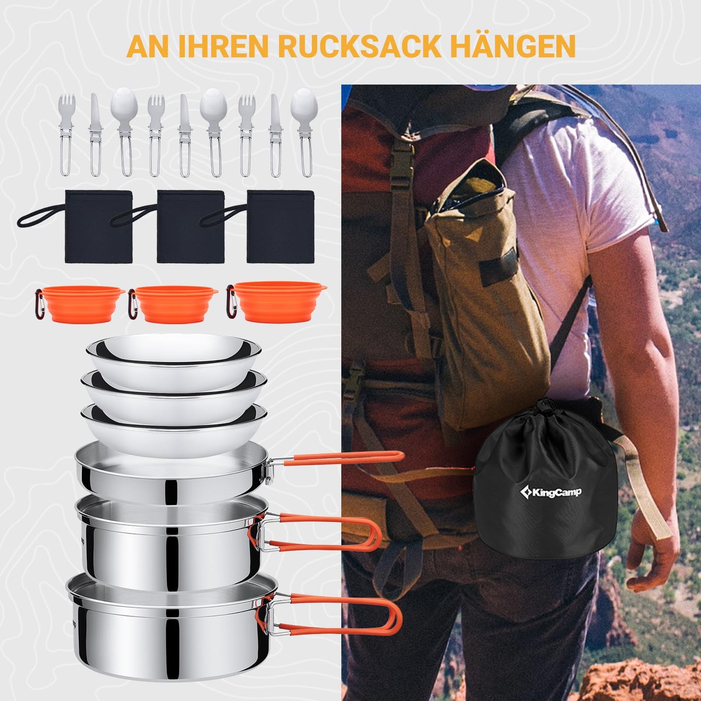 KingCamp Camping Cookware Set, Cookset Dishes Set, Stainless Steel Cooking Pot for 3-4 People, Outdoor Cooking, Picnic, Hiking.