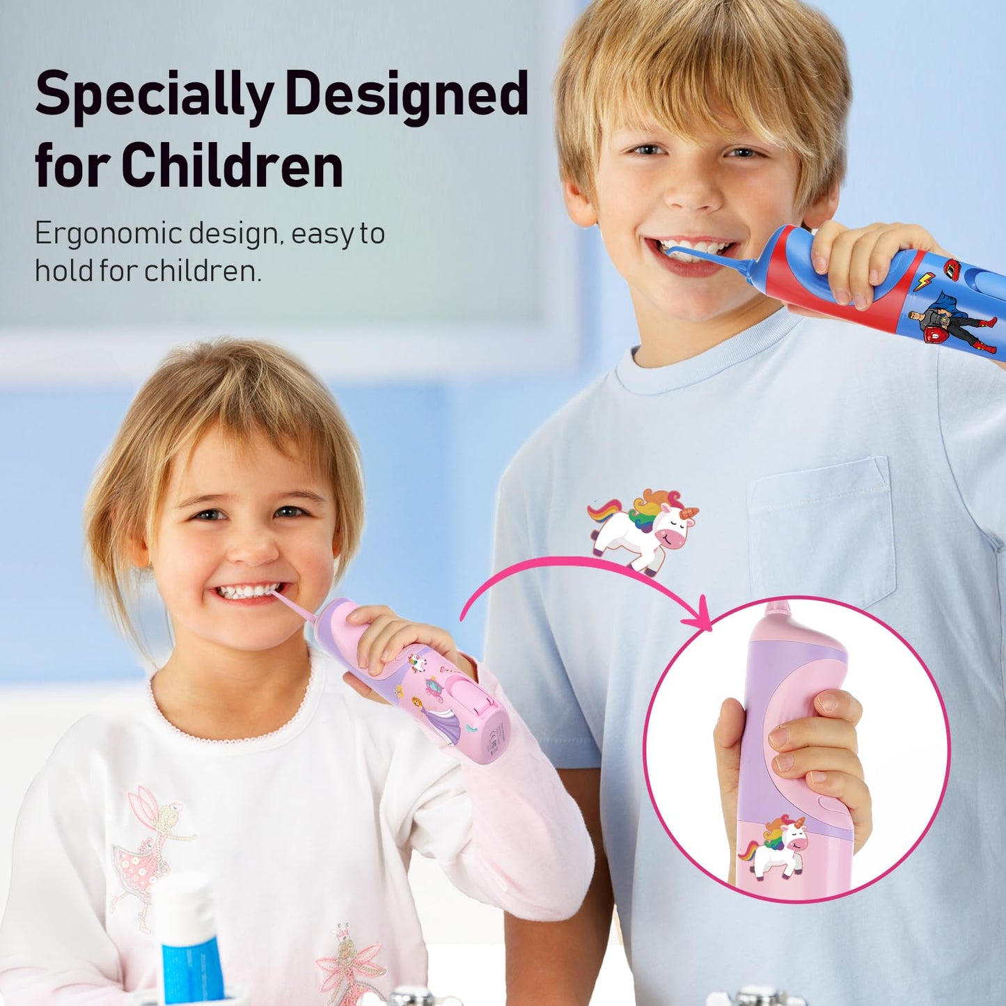 COSLUS Kids Water Flosser, Portable Oral Irrigator, Deep Cleaning Toothpick, 4 Modes for Ages 6+, Waterproof, Rechargeable, with 4 Jet Tips for braces care.
