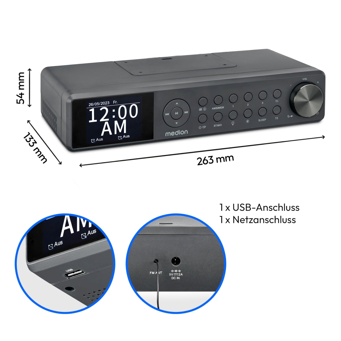 MEDION P66750 Kitchen Under-Cabinet Radio (DAB+ kitchen radio, PLL FM radio, dimmable TFT color display, cooking timer, Bluetooth, LED strip, including mounting material) gray