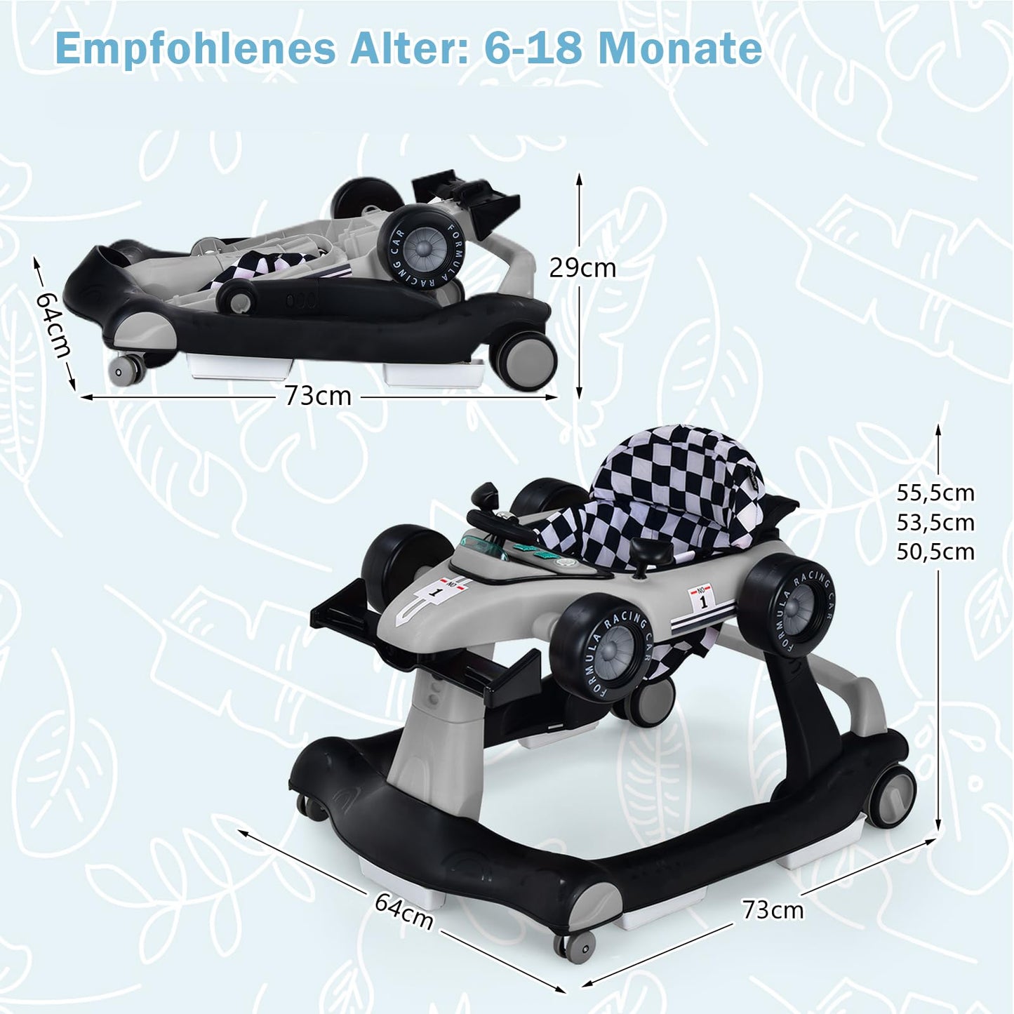 COSTWAY 4 in 1 baby walker, foldable with adjustable height & speed, car-shaped with music box, lights & wheels, suitable for babies from 6 months, up to 12kg load capacity (Grey)
