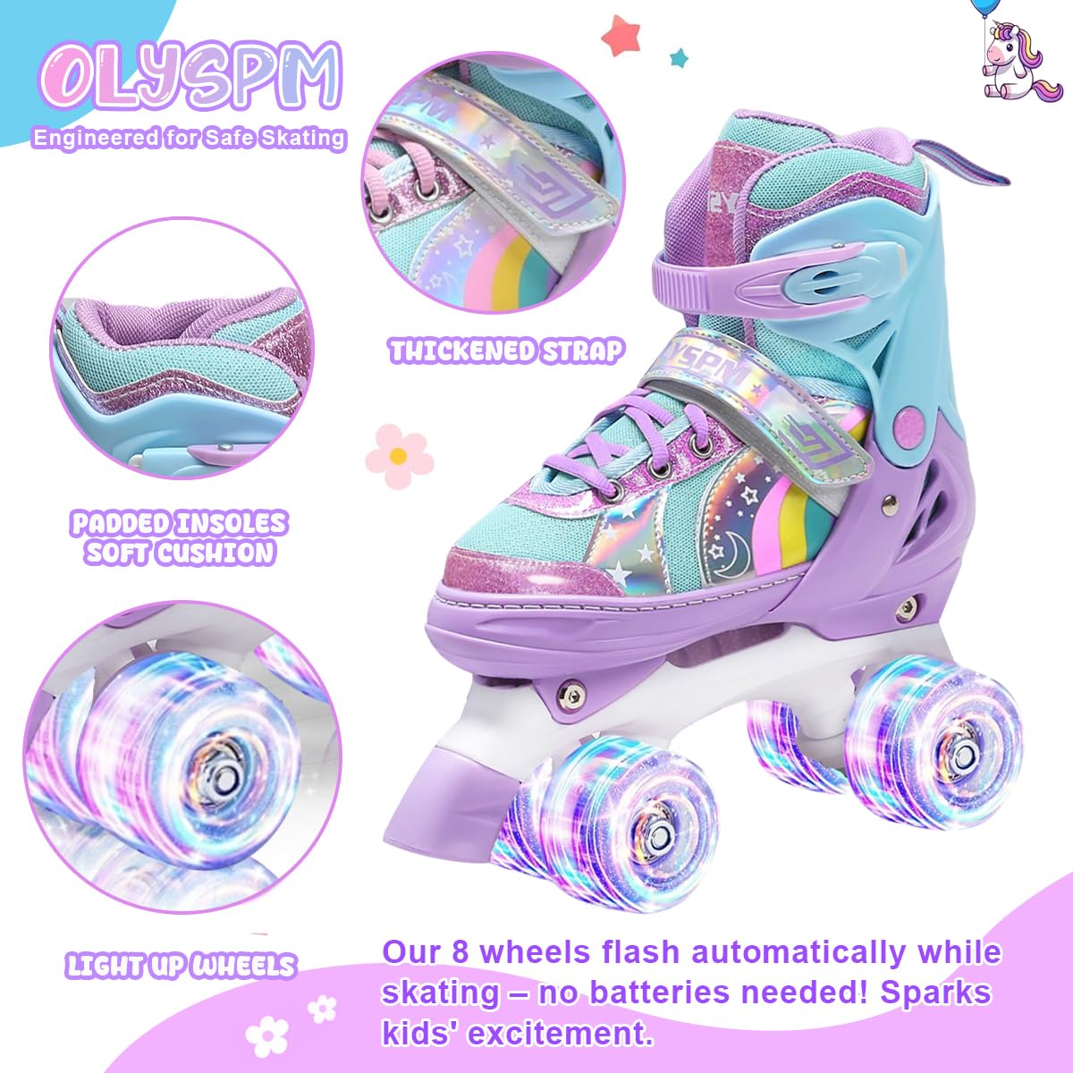 OLYSPM Roller Skates Kids Roller Skates Adjustable Roller Skates Women, LED Roller Skates and 4 sizes adjustable, Roller Skates with storage bag for girls, boys, and beginners (Purple)