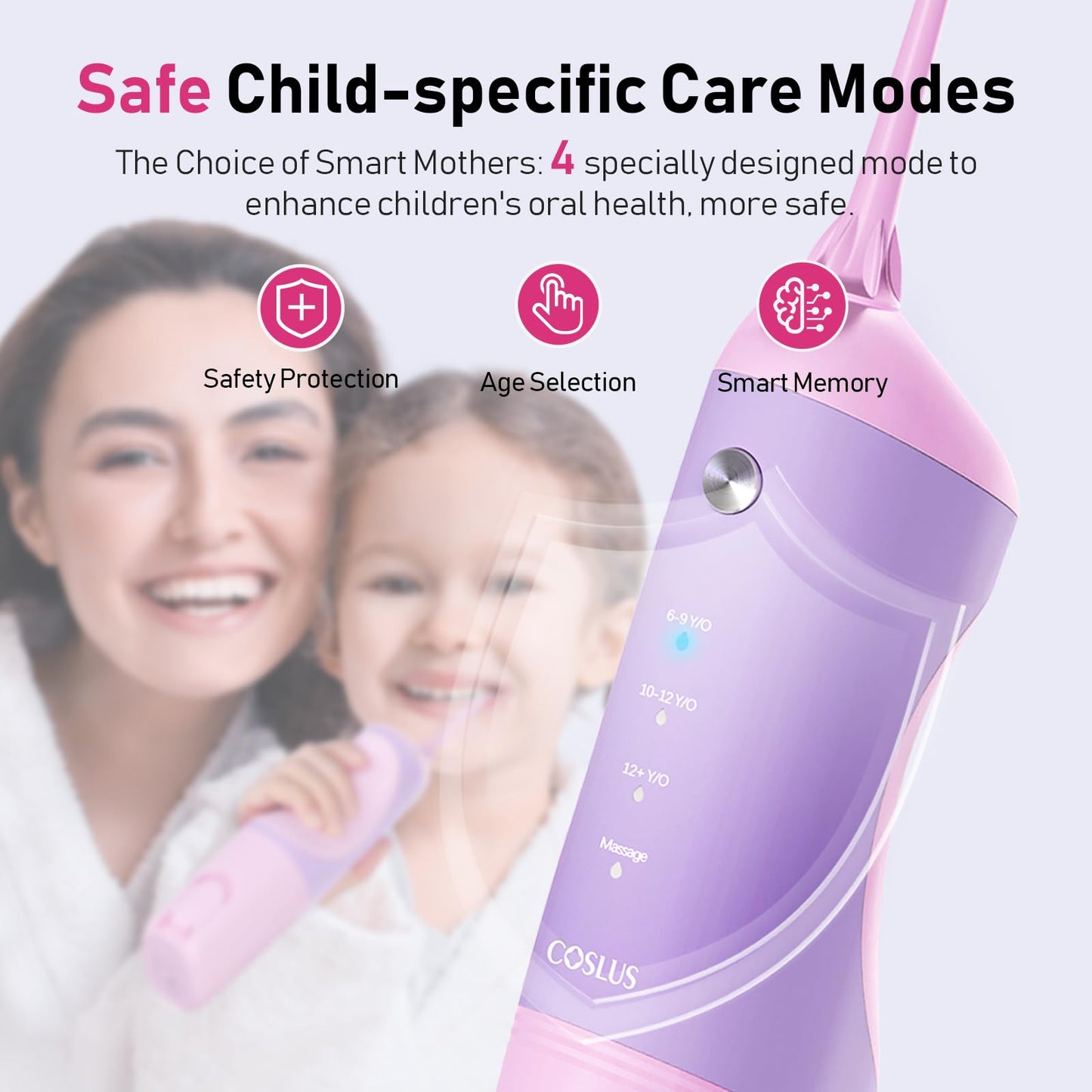 COSLUS Kids Water Flosser, Portable Oral Irrigator, Deep Cleaning Toothpick, 4 Modes for Ages 6+, Waterproof, Rechargeable, with 4 Jet Tips for braces care.