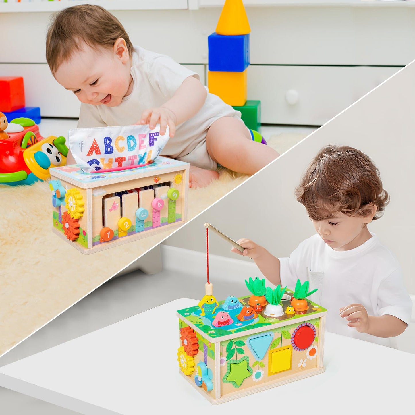 LZDMY Montessori Toy for Baby from 6 months, 6-in-1 Cloth Box with Crinkle Cloth, Wooden Motor Skills Cube Toy for 6-12 months Boys Girls, Motor Skills Toy for Children 1-3, Baby Gift