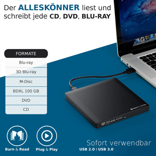 techPulse120 USB 3.0 3D External Blu-Ray Burner Burner M-Disc BDXL Superdrive Blu-ray Rom Drive BD DVD CD Slim for Computer Notebook Ultrabook Windows MacOS Apple iMac MacBook Pro Air Aluminum Black