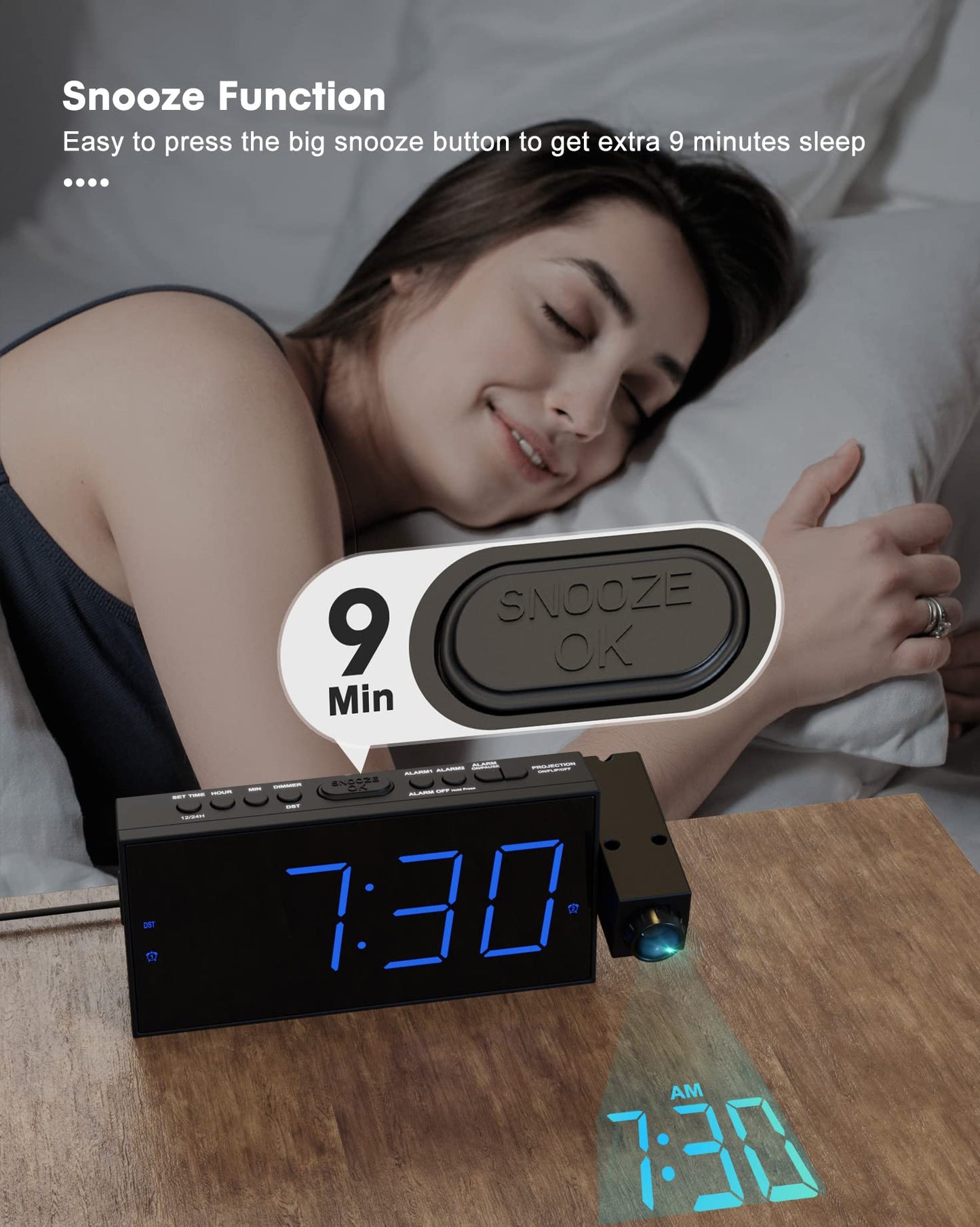 ROCAM alarm clock with projection, projection clock with USB charger, battery backup, 350° projector & dimmer, large LED display, 12/24H, DST, snooze, digital clock for kids