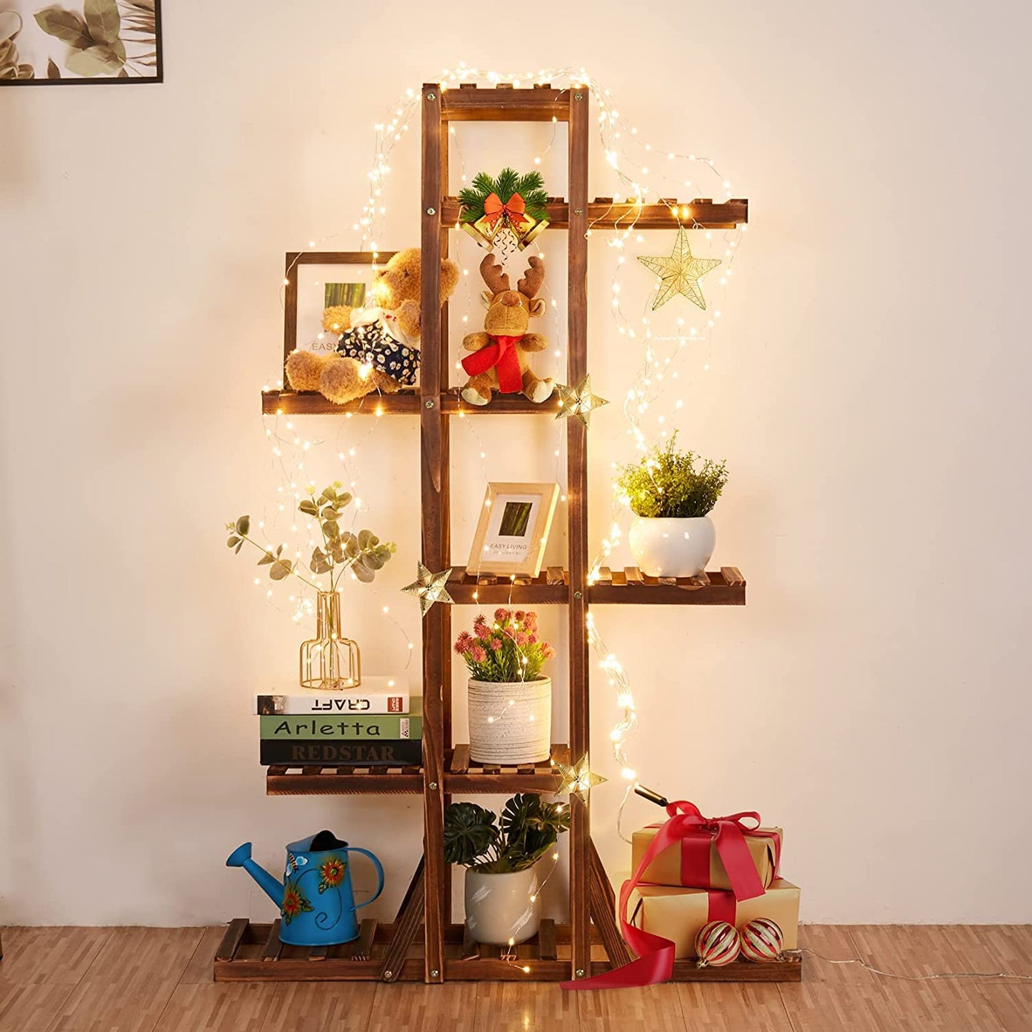 Outdoor flower stand, solid wood flower shelf with 6 levels. Plant ladder multi-storey, 90 x 131 x 25cm.