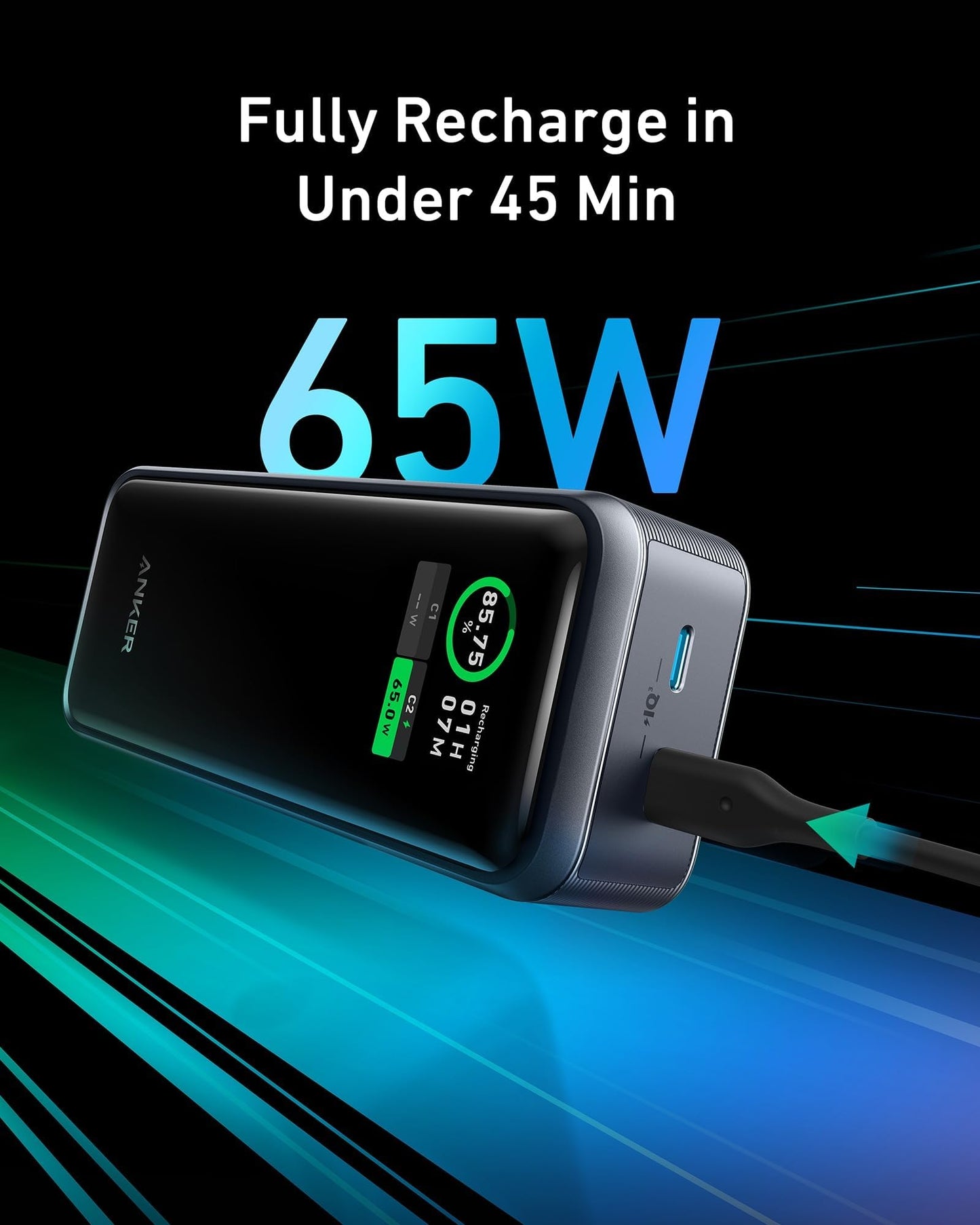 Anchor Prime Power Bank, 12,000mAh 2-Port charger with 130W output, Smart Display, Compatible with iPhone 14/13 series, Galaxy, MacBook, Dell, and more (charging station not included)