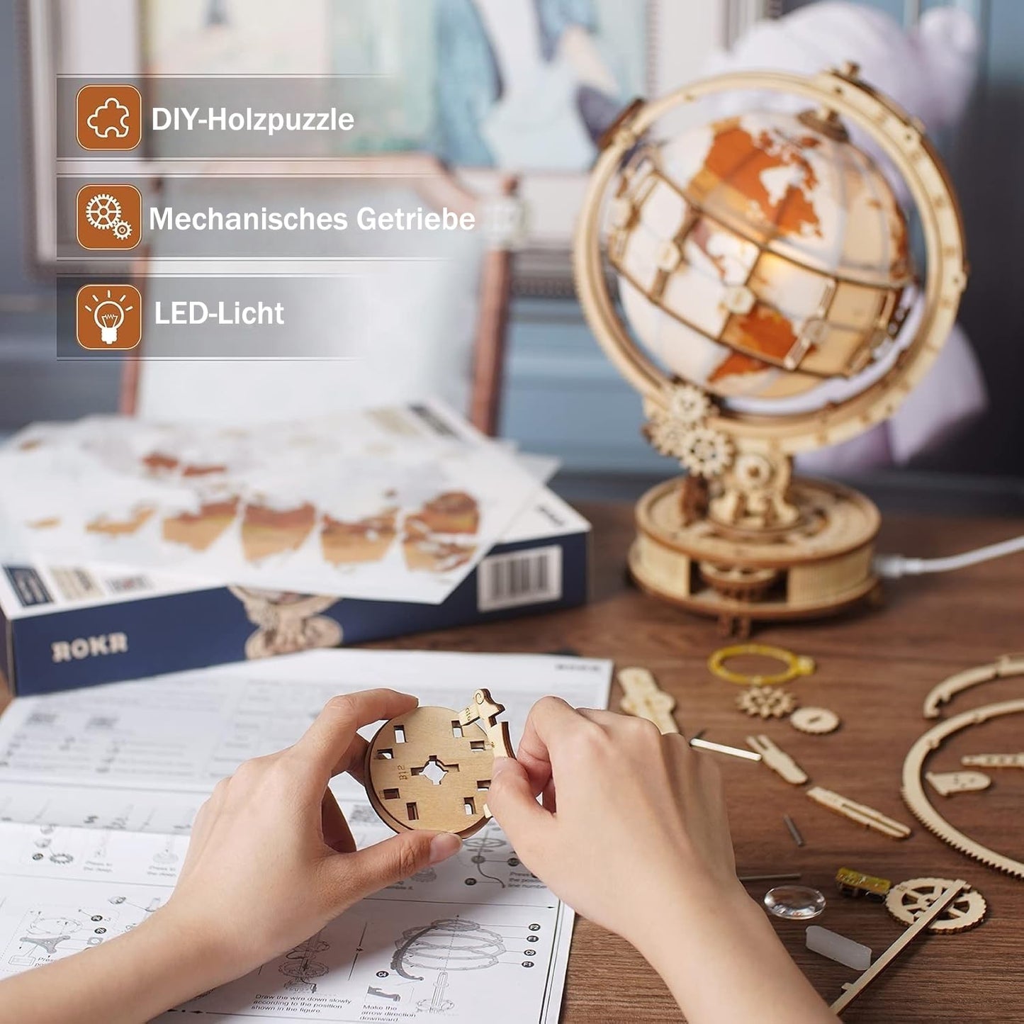 3D wooden puzzle for adults, wooden model light-up globe model kit with LED light. Rotating luminous globe wooden construction set as decoration, gift (180 pieces)