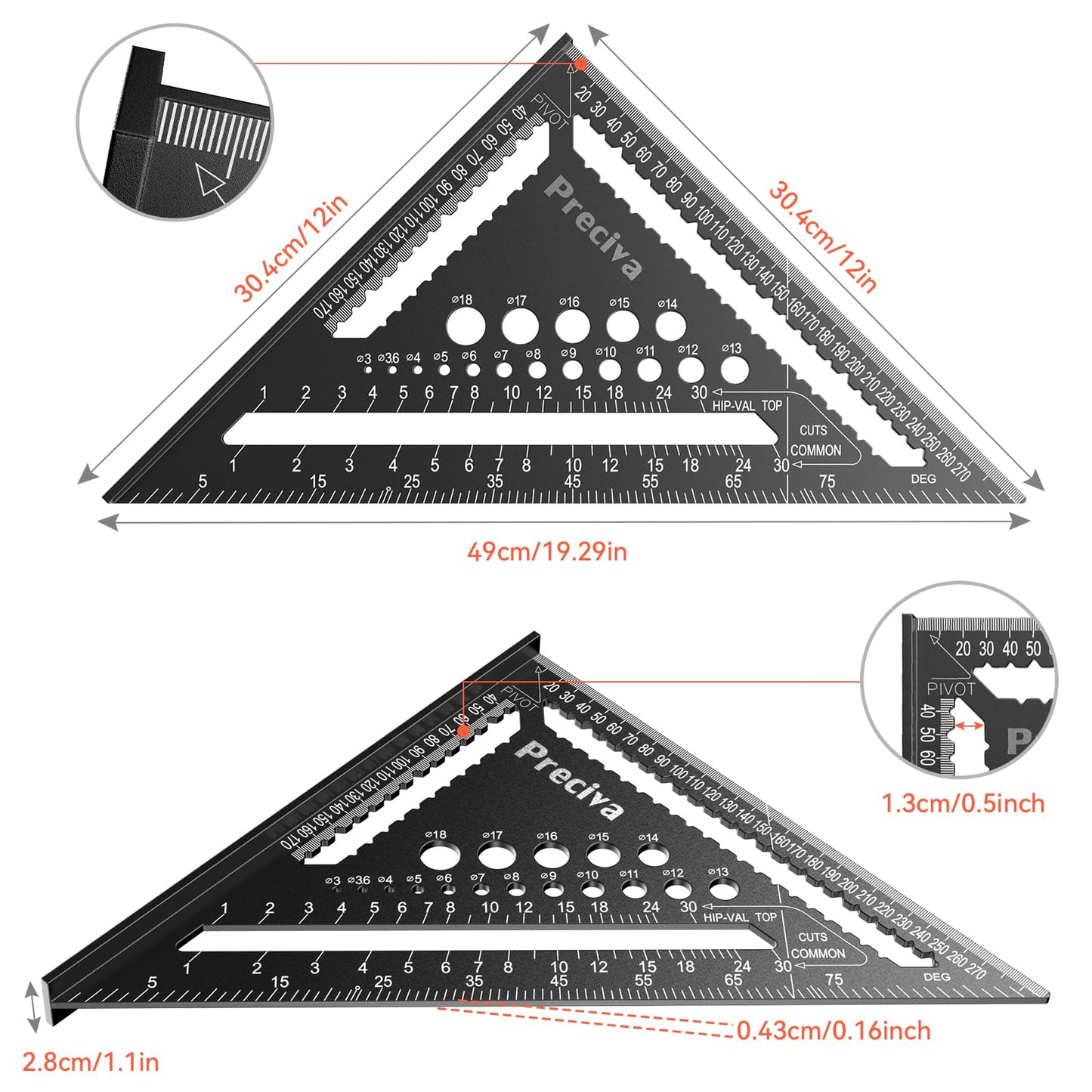 Bevel protractor, carpenter's square, multifunctional metal aluminum square ruler angle guide 30cm carpenter's square joiner's square 45 and 90 degree angles marking gauge.