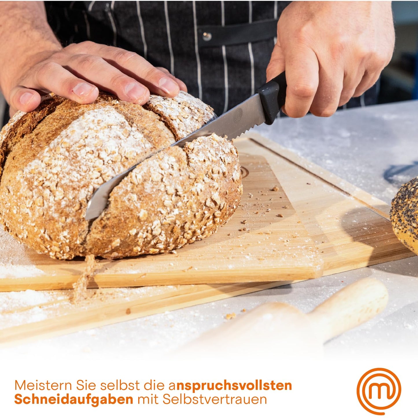 MasterChef knife block with knife cake knife set with Santoku knife, bread knife, chef's knife, vegetable knife, and utility knife, stainless steel, sharp, 5-piece, soft-touch handles.
