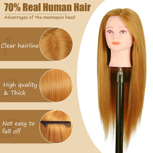 TopDirect Styling Head, 66cm/26 inch doll head for styling long hair, 70% human hair training head, hairdressing mannequin with braiding aid & stand, gold