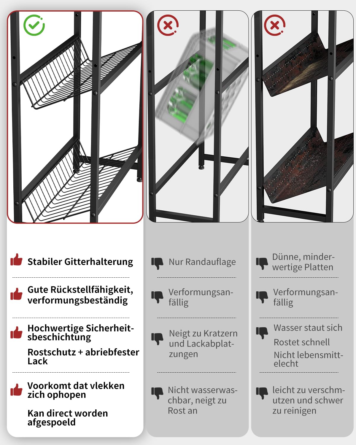 Rainsworth narrow beverage crate shelf in black with metal grid holder, 33W x 50D x 98H cm. Holds 2 crates with adjustable feet. Small beverage shelf.