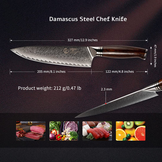YARENH Damascus Knife Professional Chef's Knife 20.5 cm, 73 Layers Damascus Steel Kitchen Knife, Sharp Chef Knife, with Exquisite Sandalwood Handle, with Walnut Wood Sheath.