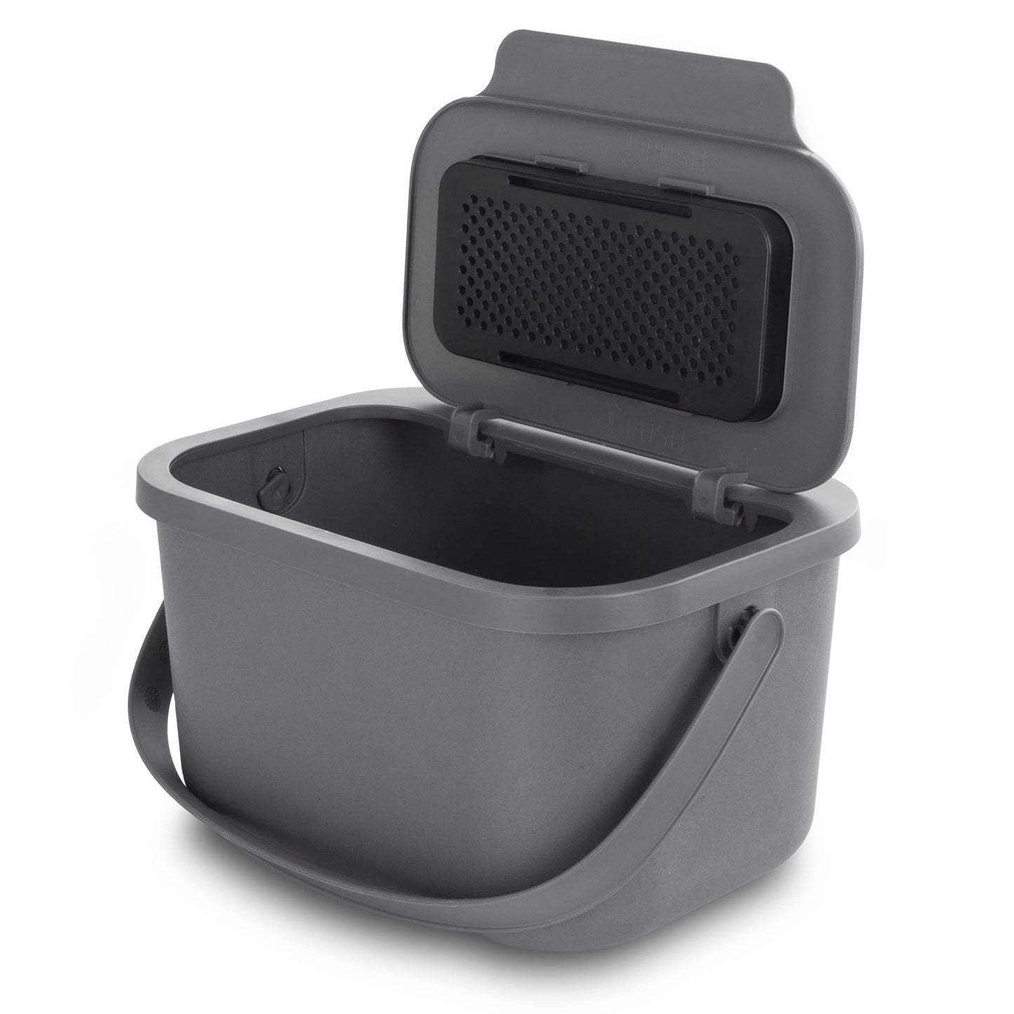 Practice with 4.5L kitchen compost bin, gray with lid. For separating organic waste like fruit and vegetable scraps. Click function for waste separation.