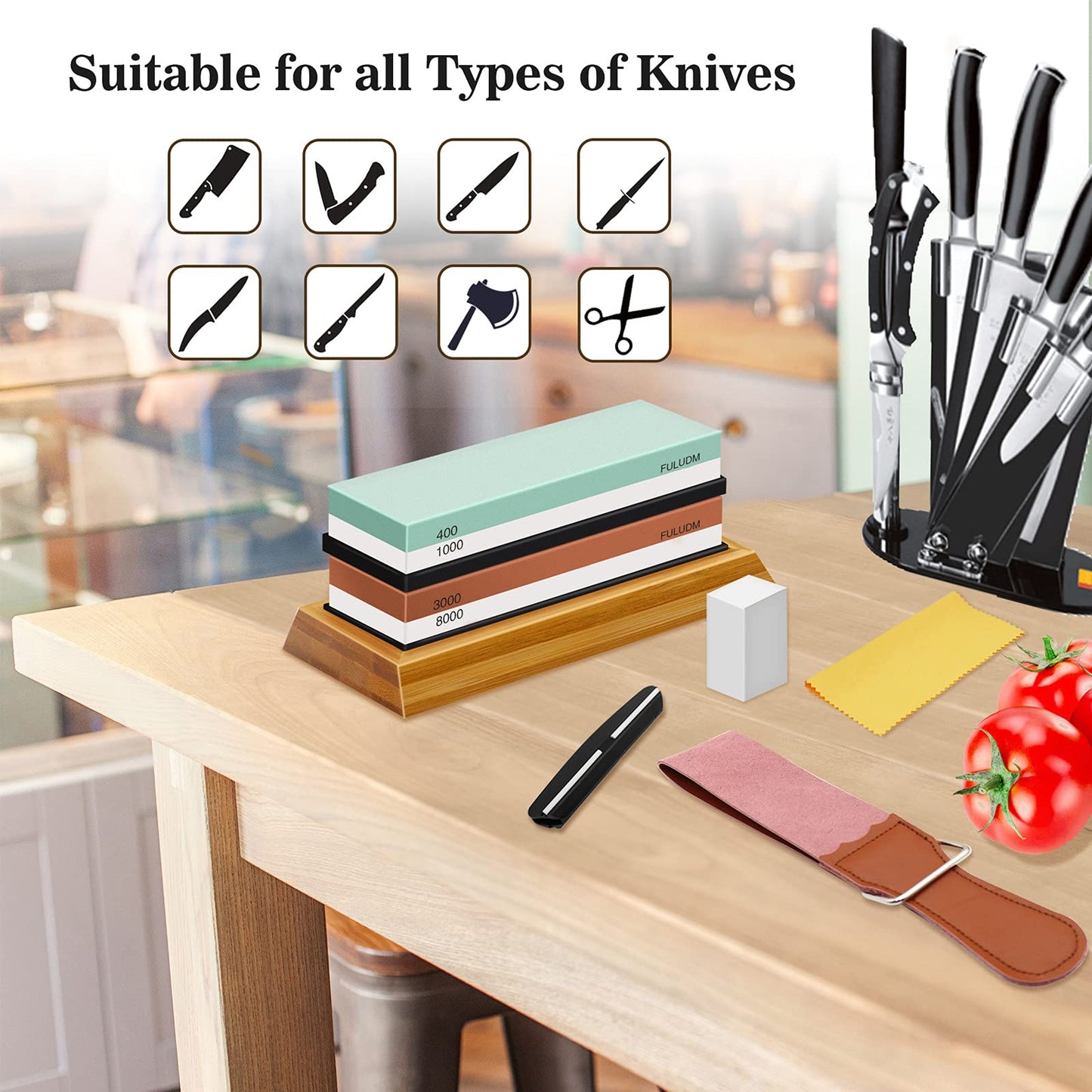 Grindstone Set Whetstone Sharpening Stone for Knives - Dual-Sided Knife Sharpener for Kitchen Grain 400/1000 3000/8000 FULUDM Water Sharpening Stone with Non-Slip Silicone Holder