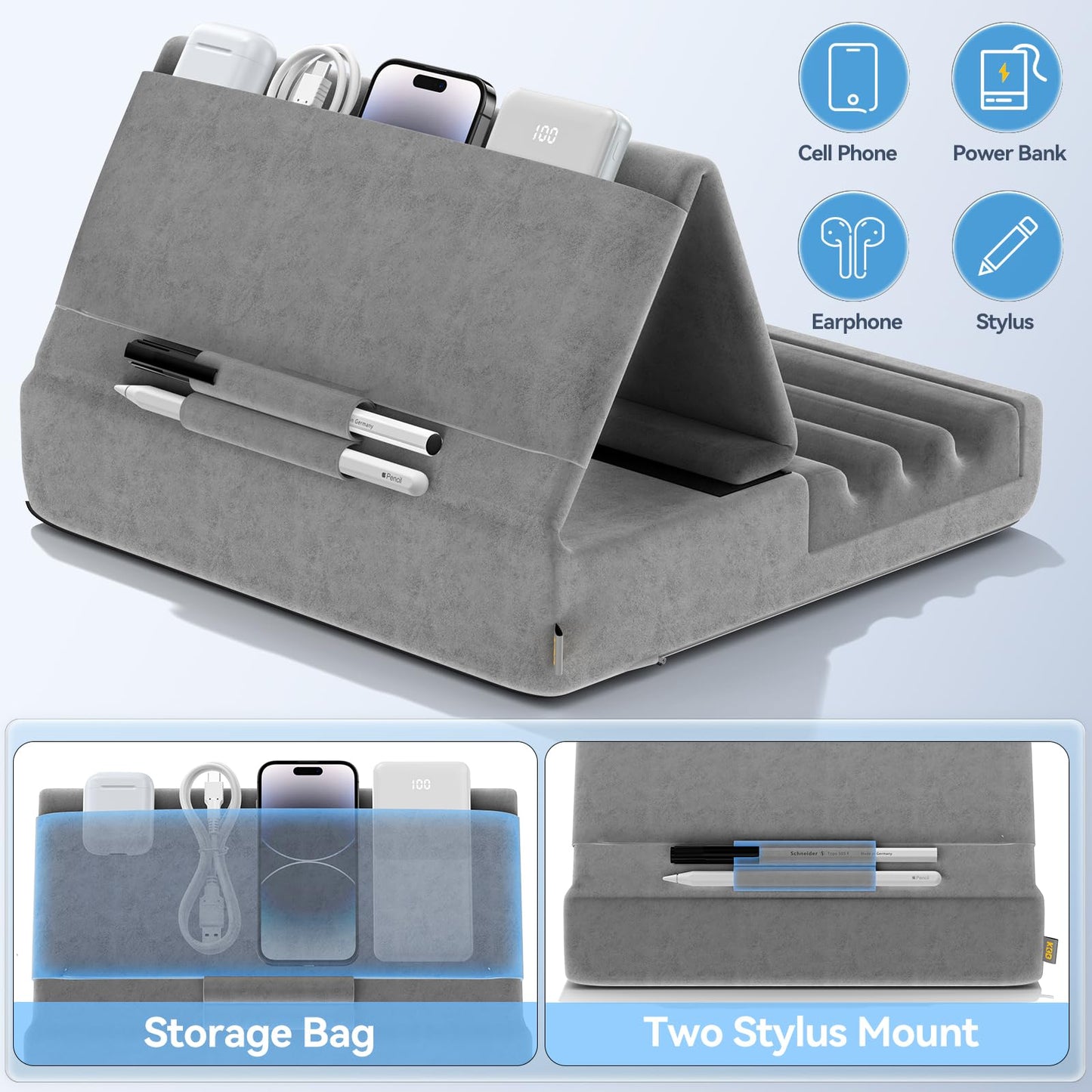 KDD Tablet Holder Pillow, Foldable iPad Stand for Lap Bed Desk - Tablet Soft Pillow Holder with Pocket & Stylus Holder for iPad Pro 12.9 10.5 9.7 Air Mini 6 5 4 E-Reader Gray