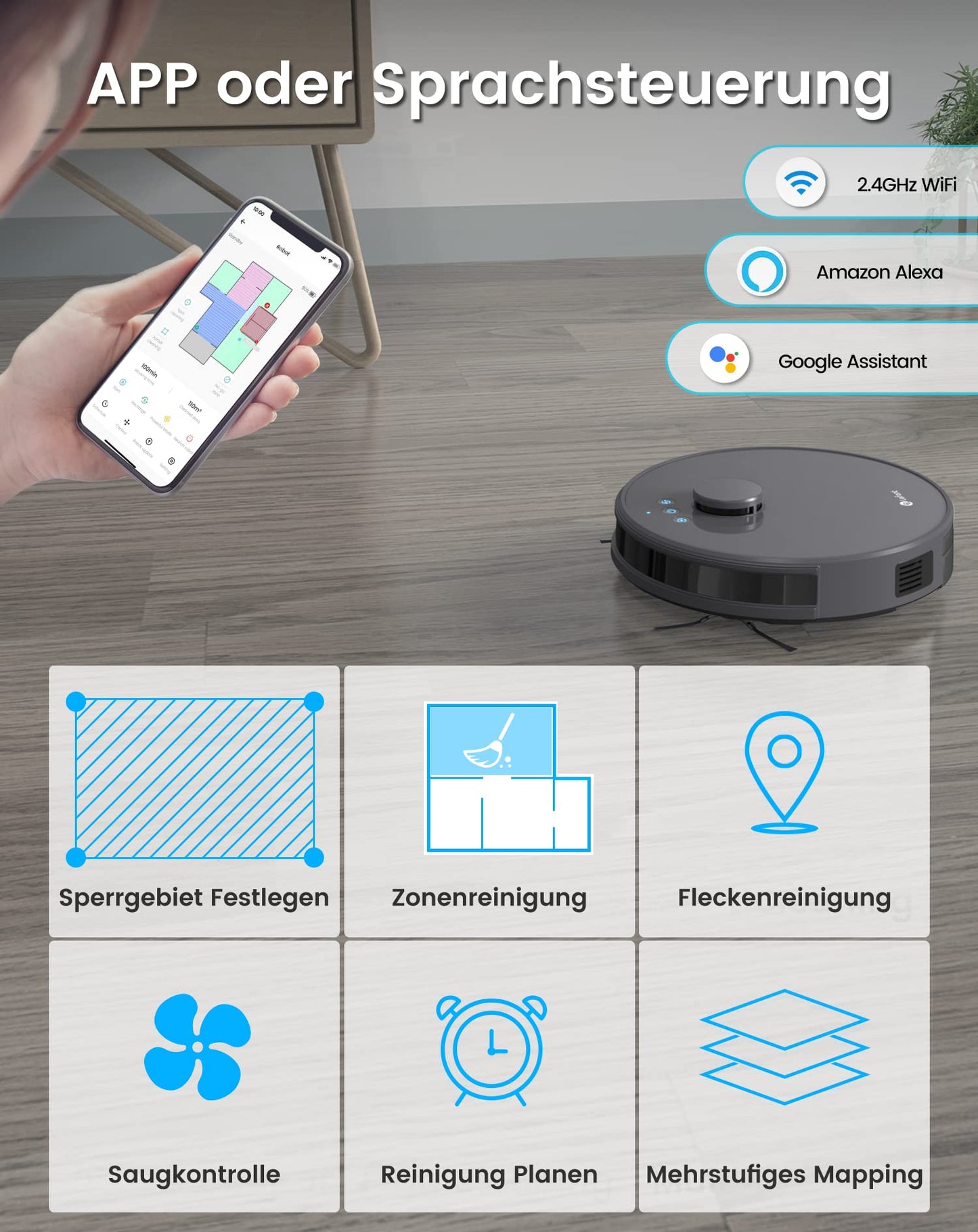 LEFANT robot vacuum with mopping function, 5500Pa suction power, 200min runtime, multi-floor mapping, with No-Go zones, ideal for pet hair, carpets, and hard floors.