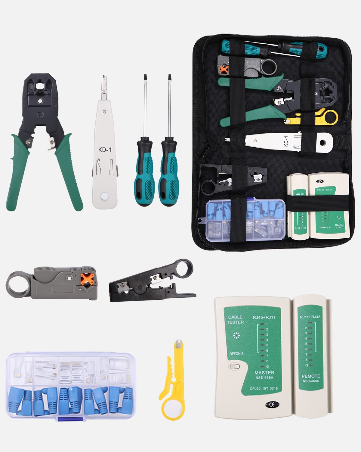 12 in 1 network tool set, network tool, with crimping pliers, suitable for RJ45, RJ11, RJ12 cables, ideal for computer maintenance, LAN cable testing, hole cable testing.