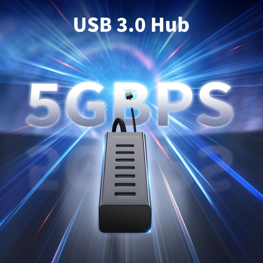 7-port USB hub 3.0 with 120cm cable for desktop, aluminum USB splitter 5Gbps multiport adapter splitter with 5V 3A Type-C port for PC, laptop, MacBook, U-disk, mouse