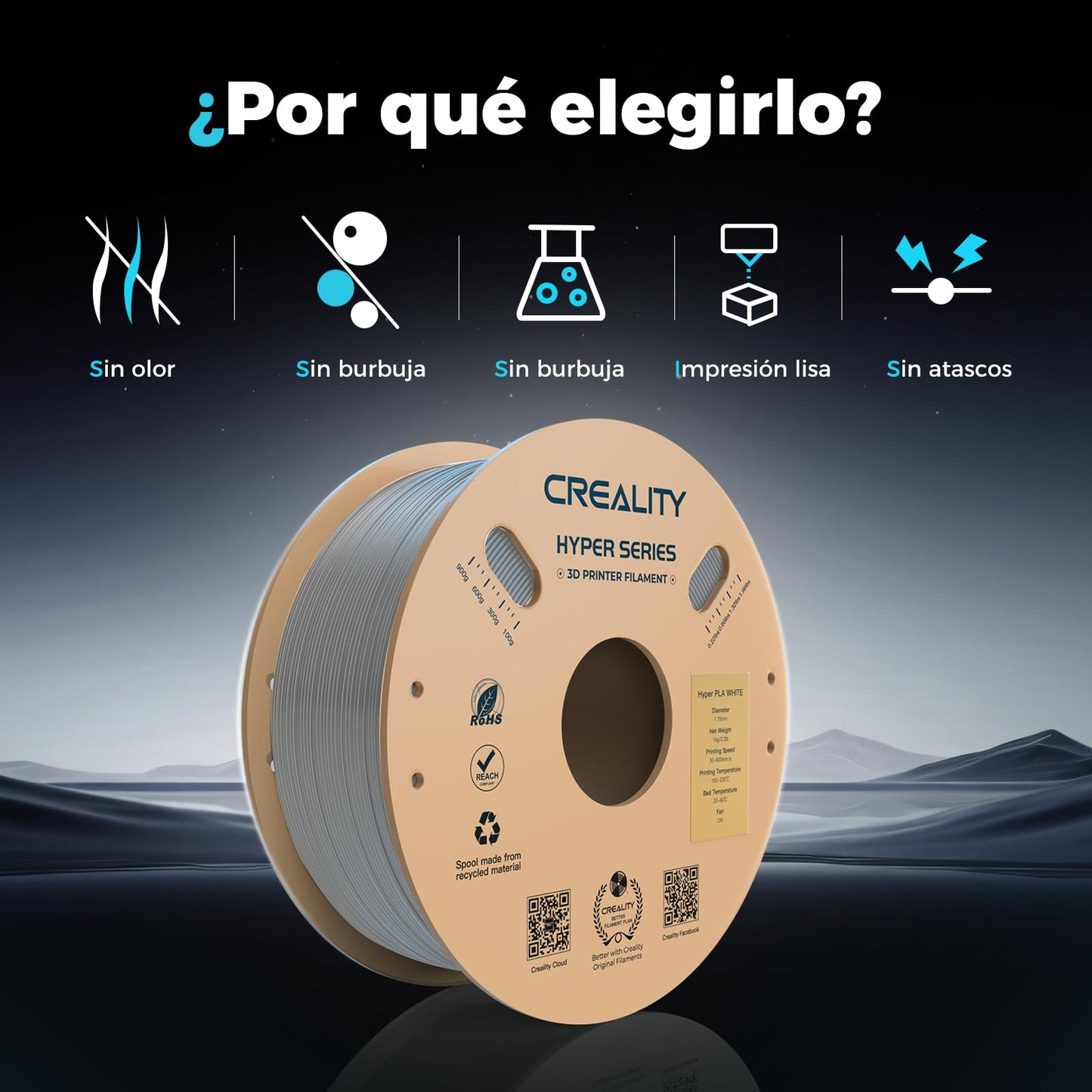 Creality PLA Filament Hyper PLA 1.75mm filament for 3D printers. High speed 30-600 mm/s. Precision +/- 0.02mm. Compatible with most 3D printers. 1kg Grey.