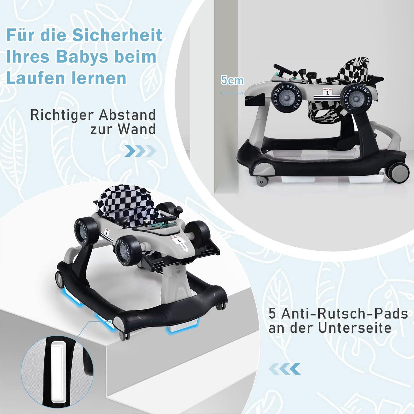 COSTWAY 4 in 1 baby walker, foldable with adjustable height & speed, car-shaped with music box, lights & wheels, suitable for babies from 6 months, up to 12kg load capacity (Grey)