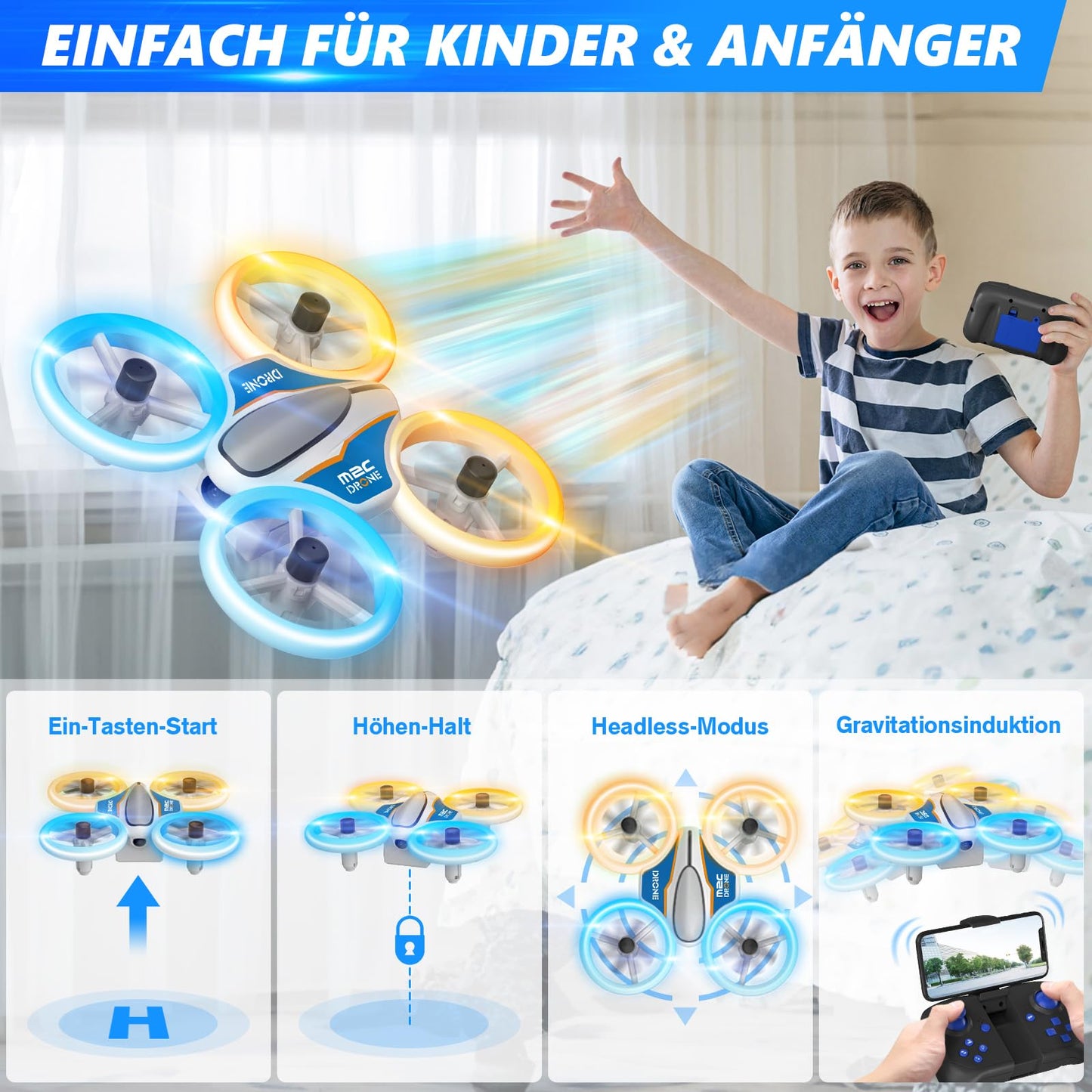 Mini drone with 720P HD camera for kids, RC drone with LED lights, 3D flips, headless mode, and 3 batteries, 21 min long flight time, toy drone helicopter for kids and beginners, orange.
