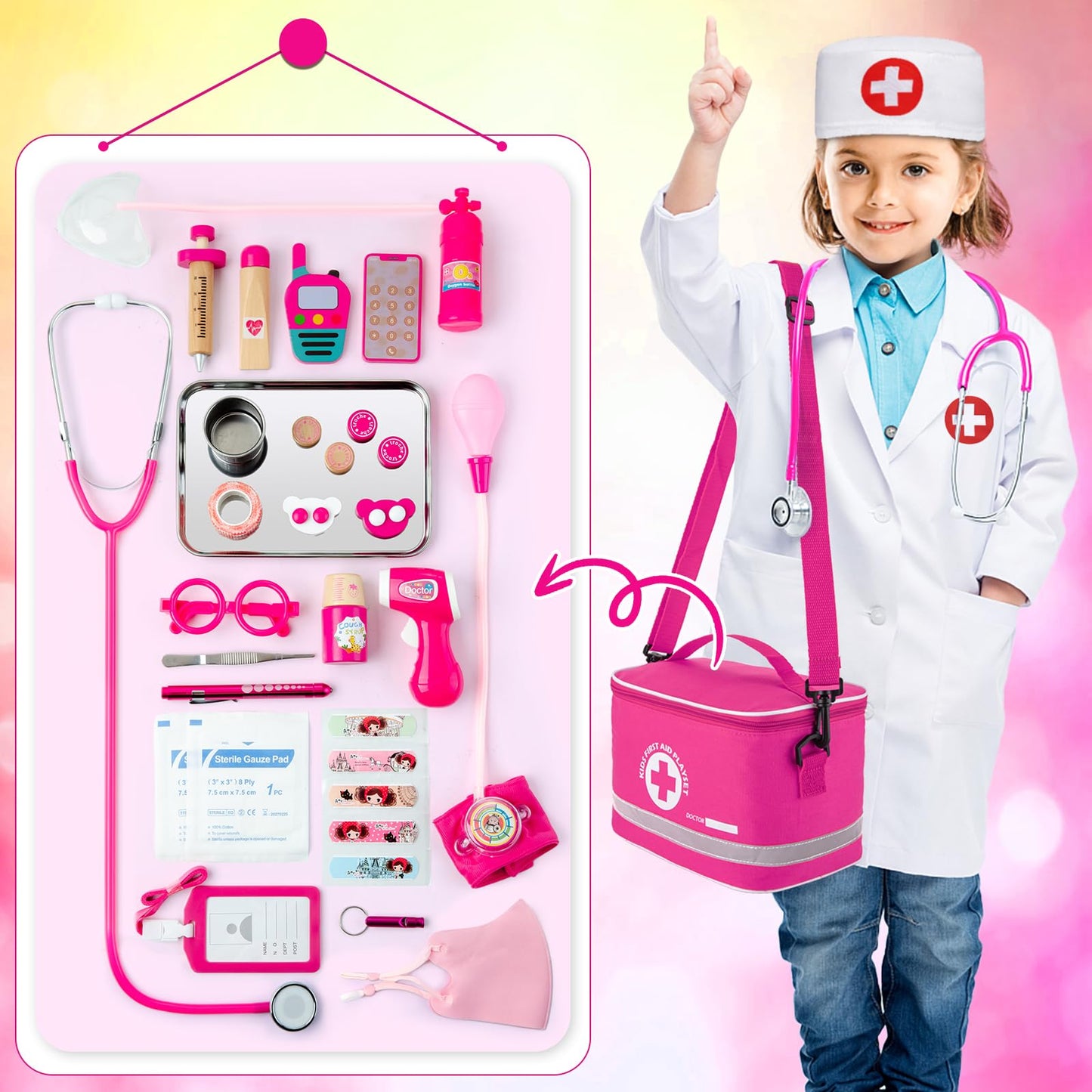 EFO SHM Doctor's Kit for Kids Wooden Doctor's Case with Real Stethoscope, Doctor's Coat, Doctor's Bag, Thermometer, and Syringe - Gift for Children Role-Playing Toys from 3 years