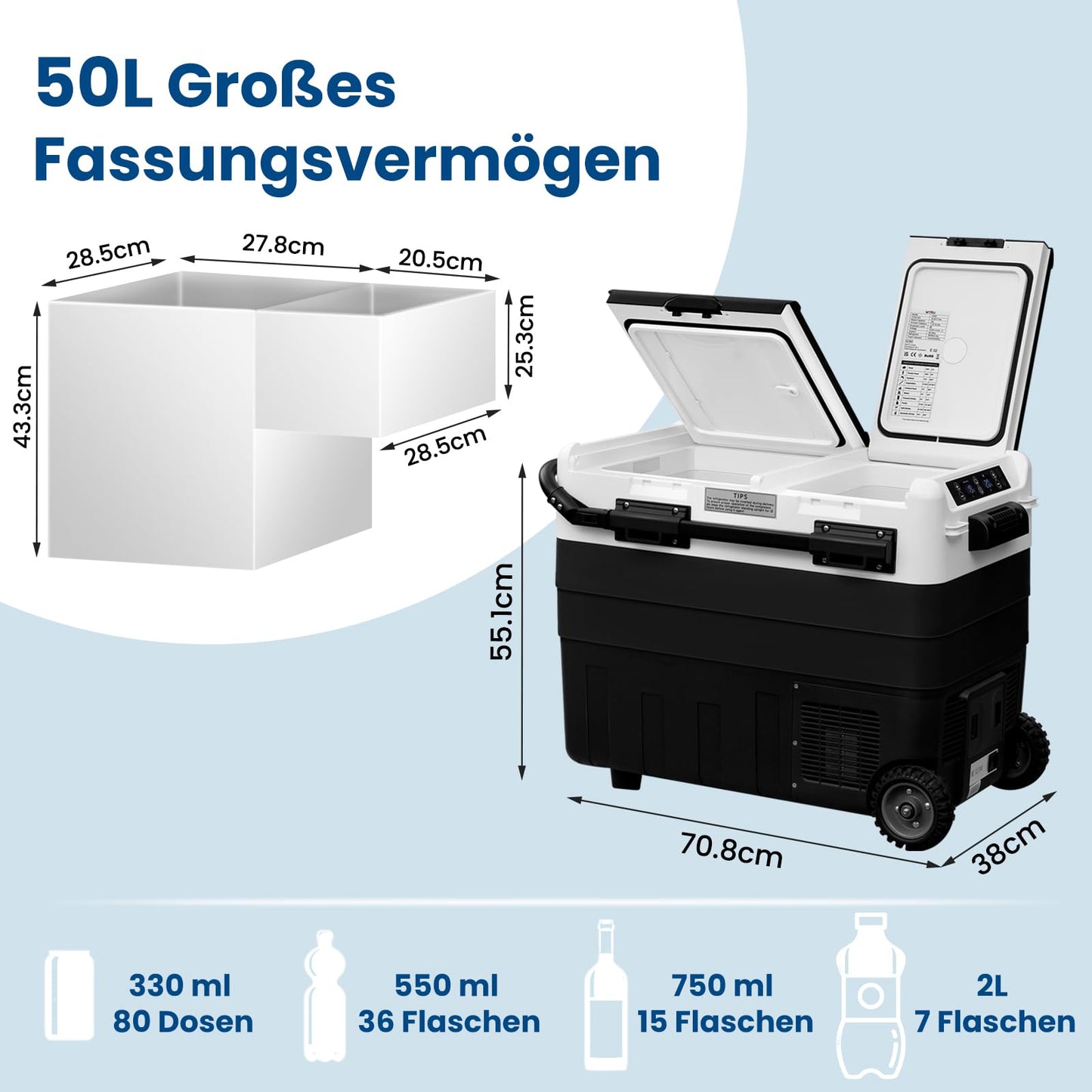 WOLTU compressor cooler electric freezer box 50L dual zone with app control USB port, 12 V/24 V, mini fridge freezer cooling up to -20°C for car boat camping, with adapter for cooler box