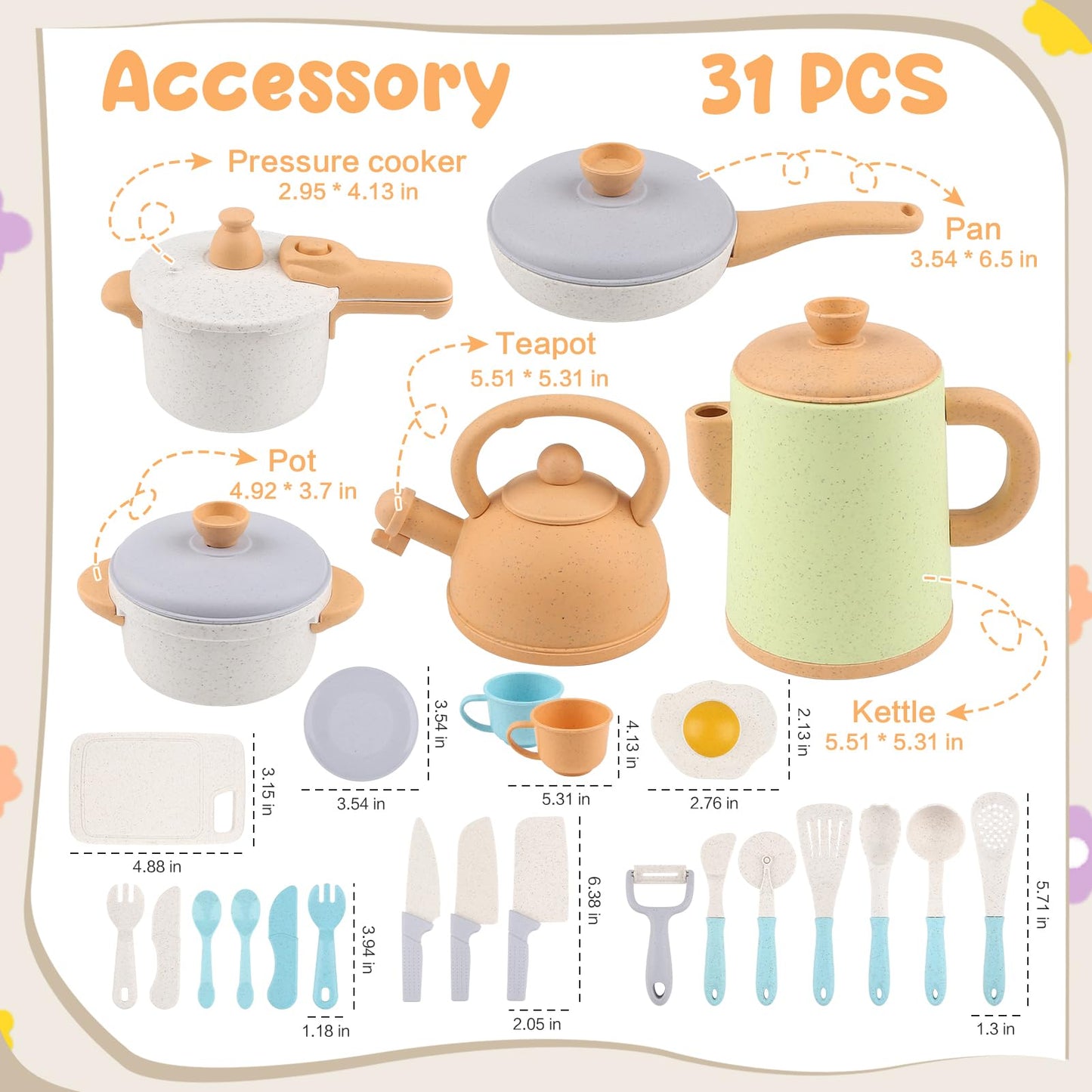 Dreamon Mud Kitchen Accessories Outdoor Kids Kitchen Play Kitchen Accessories Children's Pots And Pans Set 31PCS Kitchen Role Play Christmas Gift for Ages 3 4 5 6 years