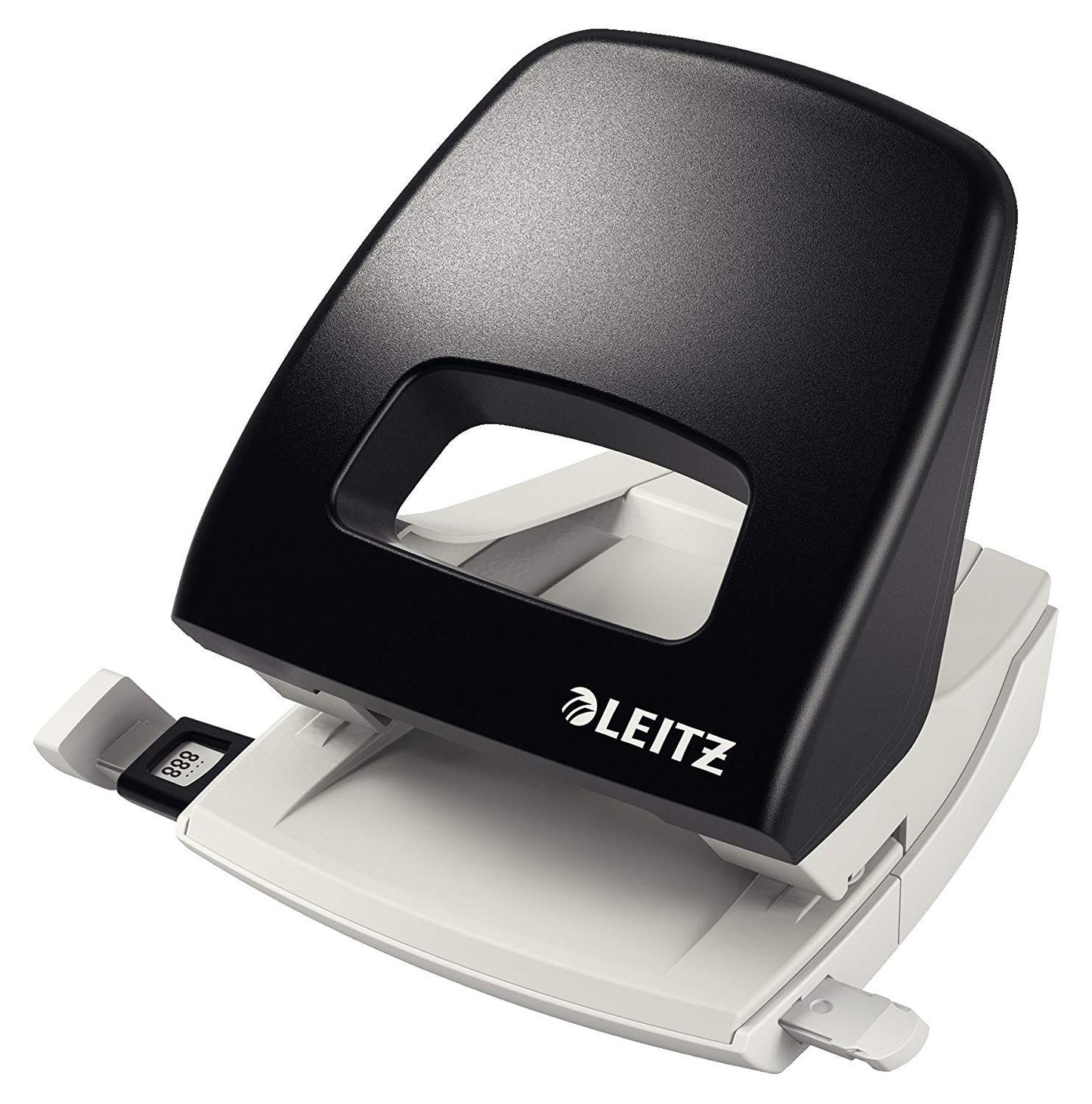 tesa Easy Cut Orca desk dispenser (non-slip, clean cut with 1 roll of tesafilm crystal-clear 10m:19mm) & Leitz NeXXt hole punch, 25 sheets, paper guide with measurements, Metal, Black