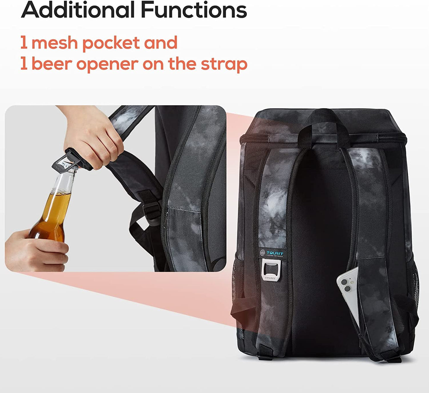TOURIT Cooler Backpack Lightweight Backpack 28L with Bottle Opener Holds 30 Cans Tie Dye Black