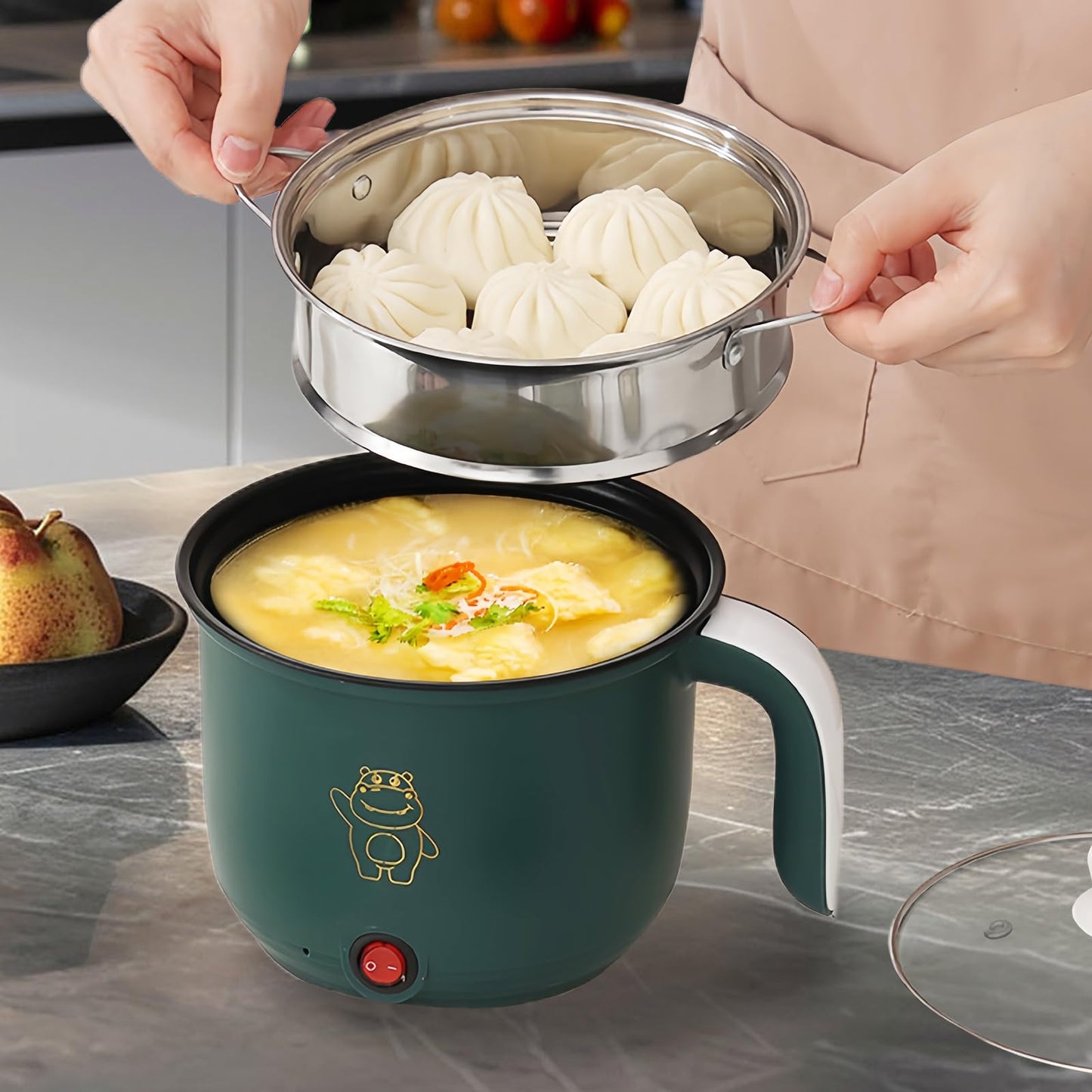 Electric Hot Pot with Steamer, Electric Hot Pot 1.5l, Portable Mini Non-stick Multicooker, Fast Ramen Cooker, Portable Non-stick Pot for Home, Office, Dormitory