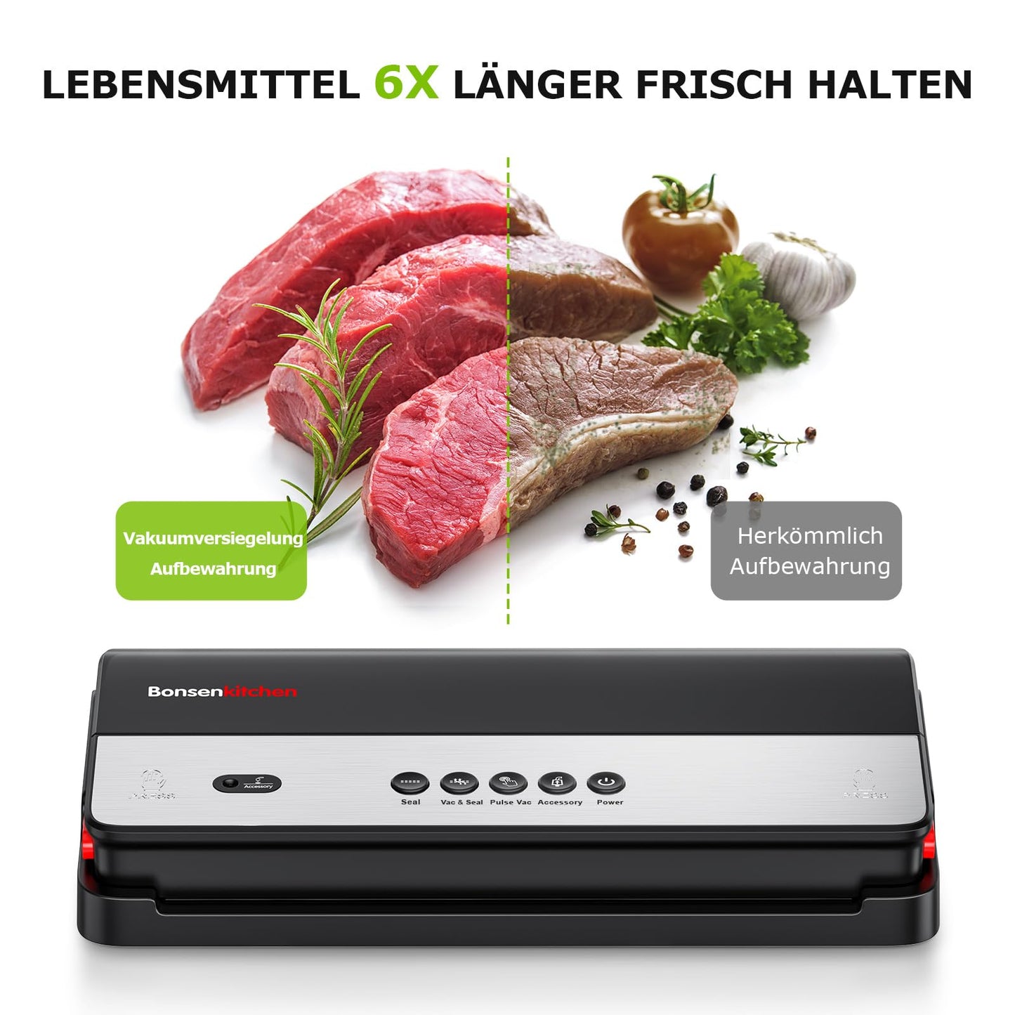 Bonsenkitchen vacuum sealer for dry and moist foods with built-in cutter, 1 roll of bags, 50 professional bags