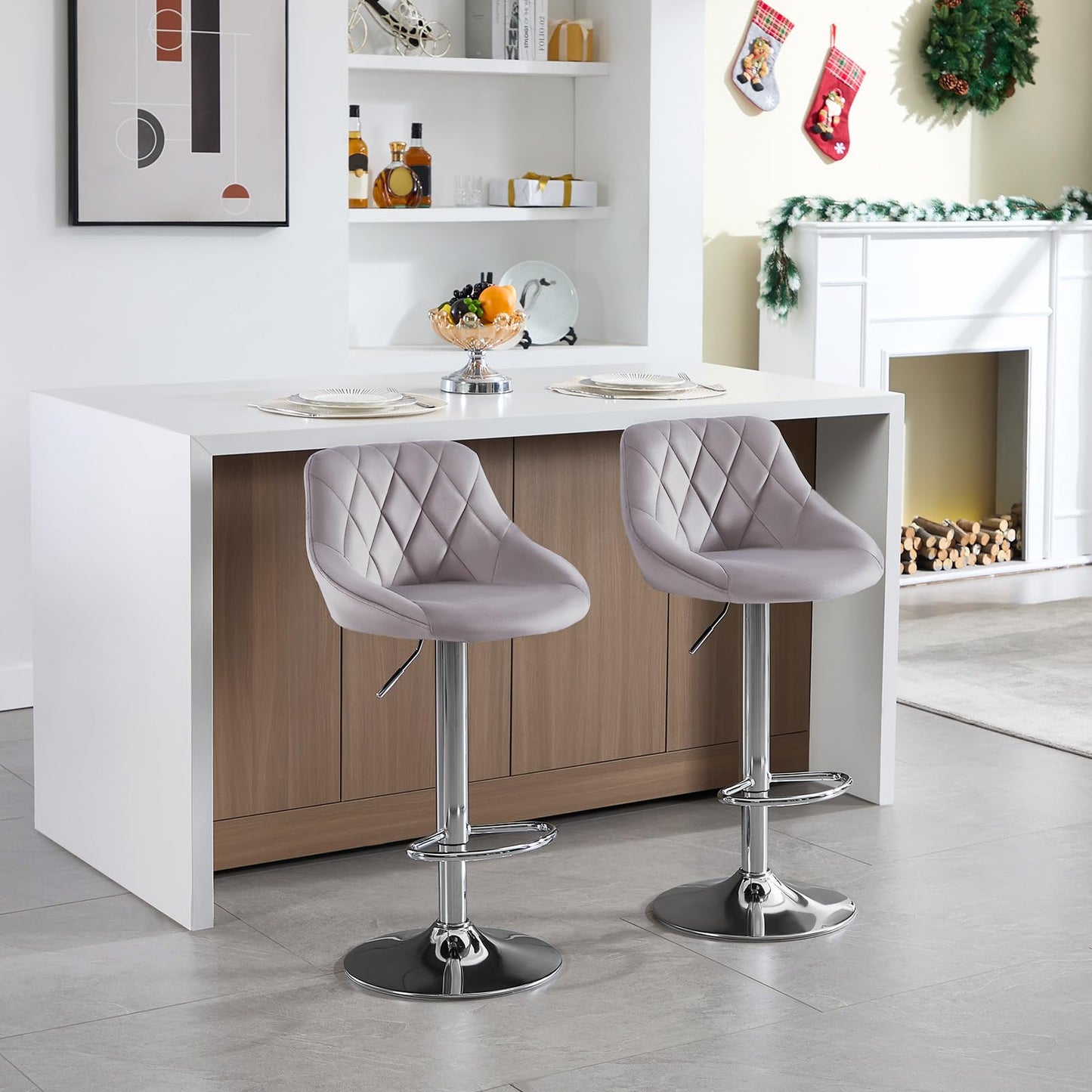 WOLTU Set of 2 Bar Stools, Bar Chairs with Backrest, Height Adjustable Swivel, Padded Velvet Seat, Non-Slip Metal Base, for Kitchen Home Bar, Light Grey, BH138hgr-2