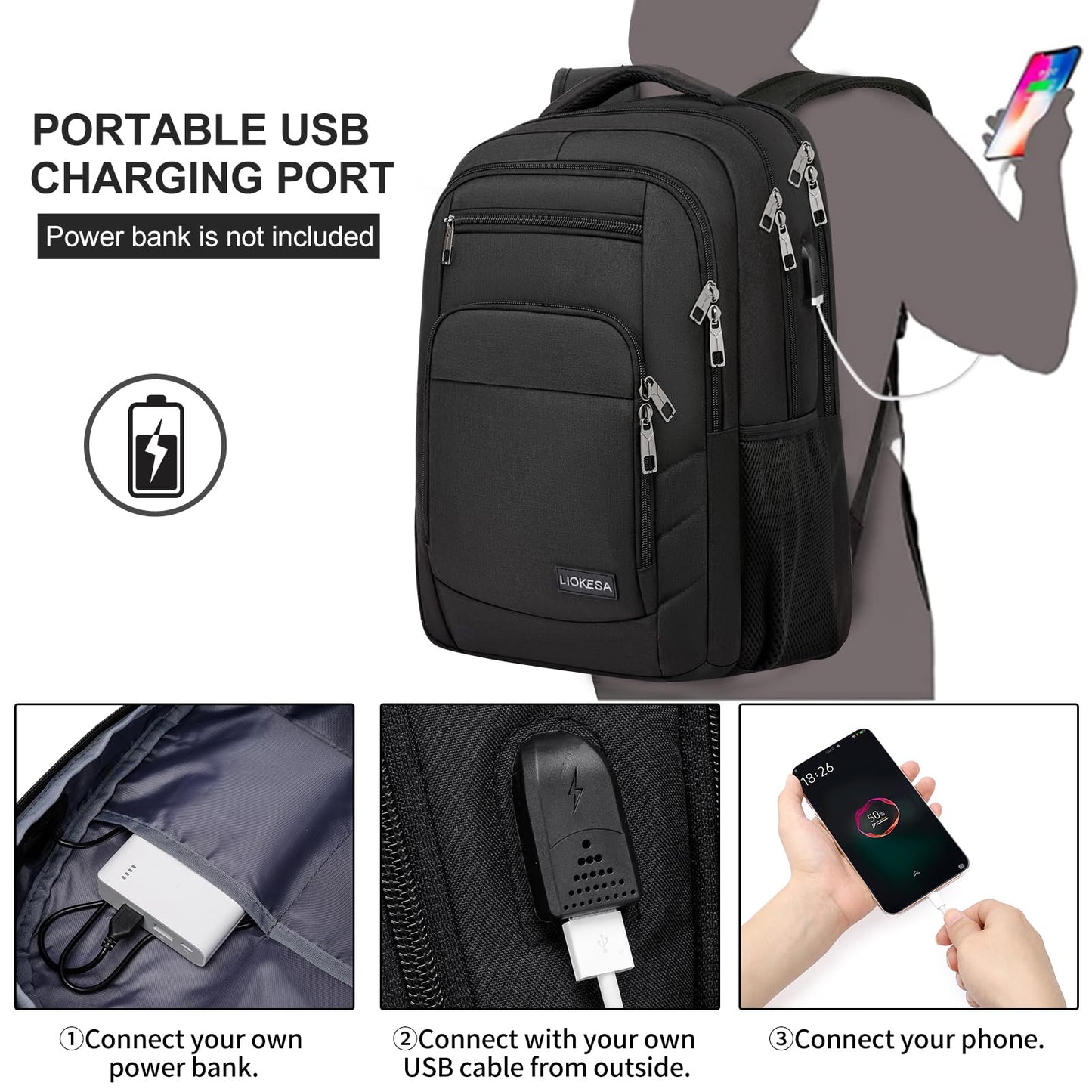 Liokesa backpack for men, 15.6 inch laptop backpack for men, school backpack for teenage boys with USB charging port for business work backpack, for college travel, work, school, black