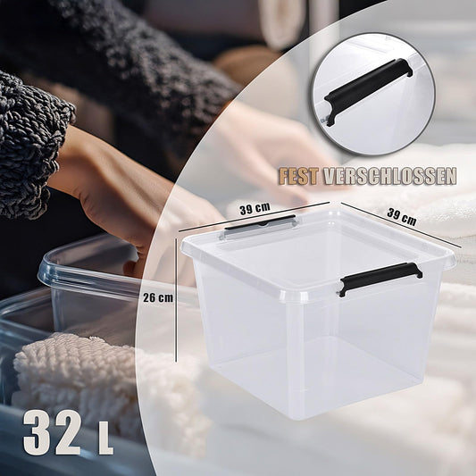astor24 Storage Boxes with Lids, 4x 32 L, transparent containers, food-safe stackable bins. Ideal storage solution for office, nursery, clothing storage, plastic boxes for kitchen, workshop.