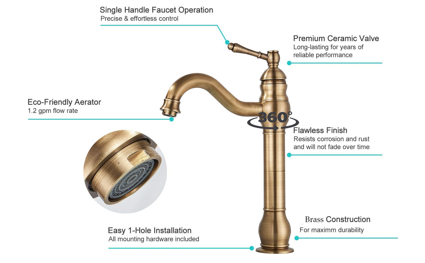Rozin Bathroom Faucet Antique Brass Retro High Bathroom Faucet 360° Rotatable Single Handle Basin Faucet Brass Bathroom Faucet for Bathroom