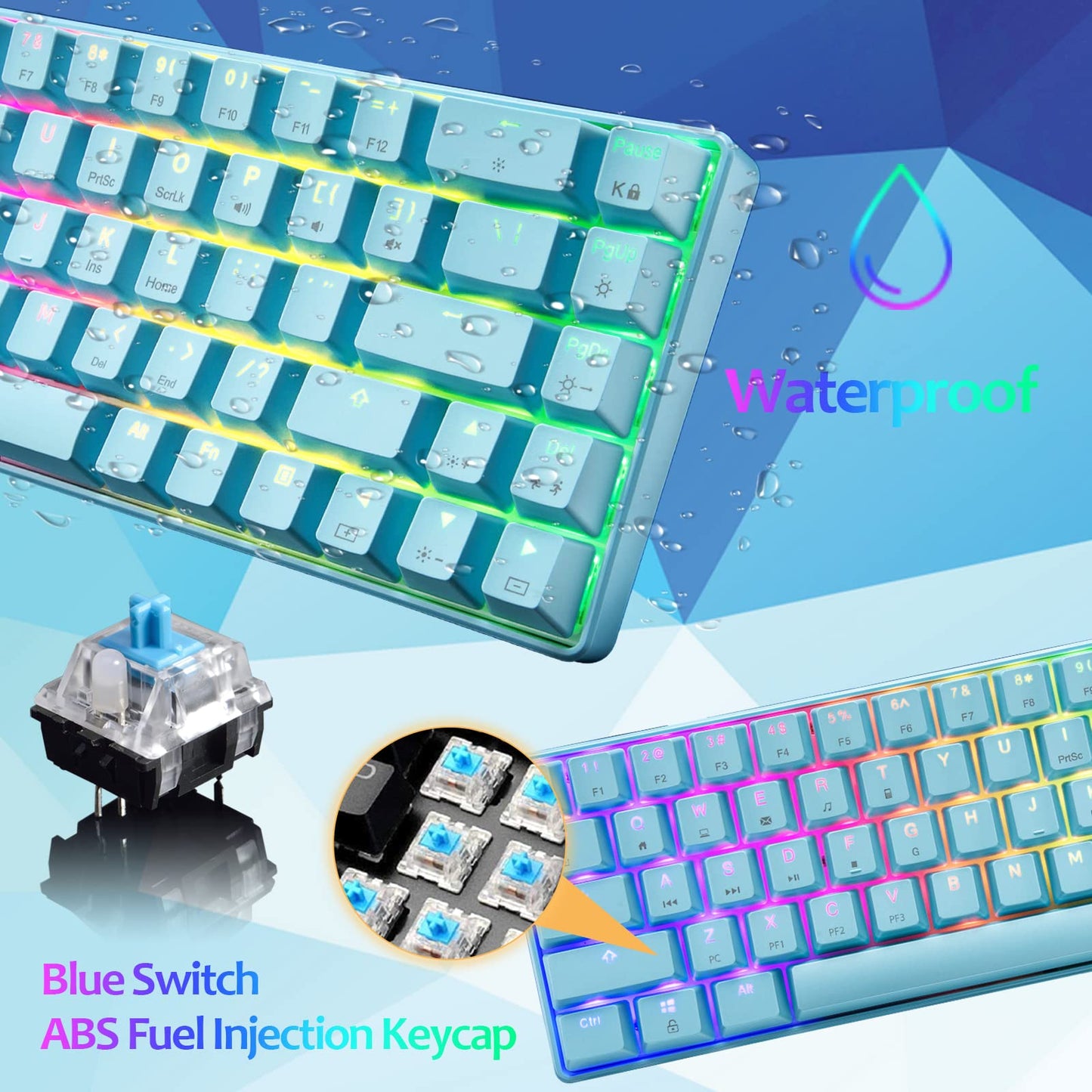 60% mechanical gaming keyboard, blue switch, mini-68 keys, wired, Type C, 18 backlight effects + lightweight optical RGB mouse with 6400 dpi, honeycomb mouse + large mousepad - Blue
