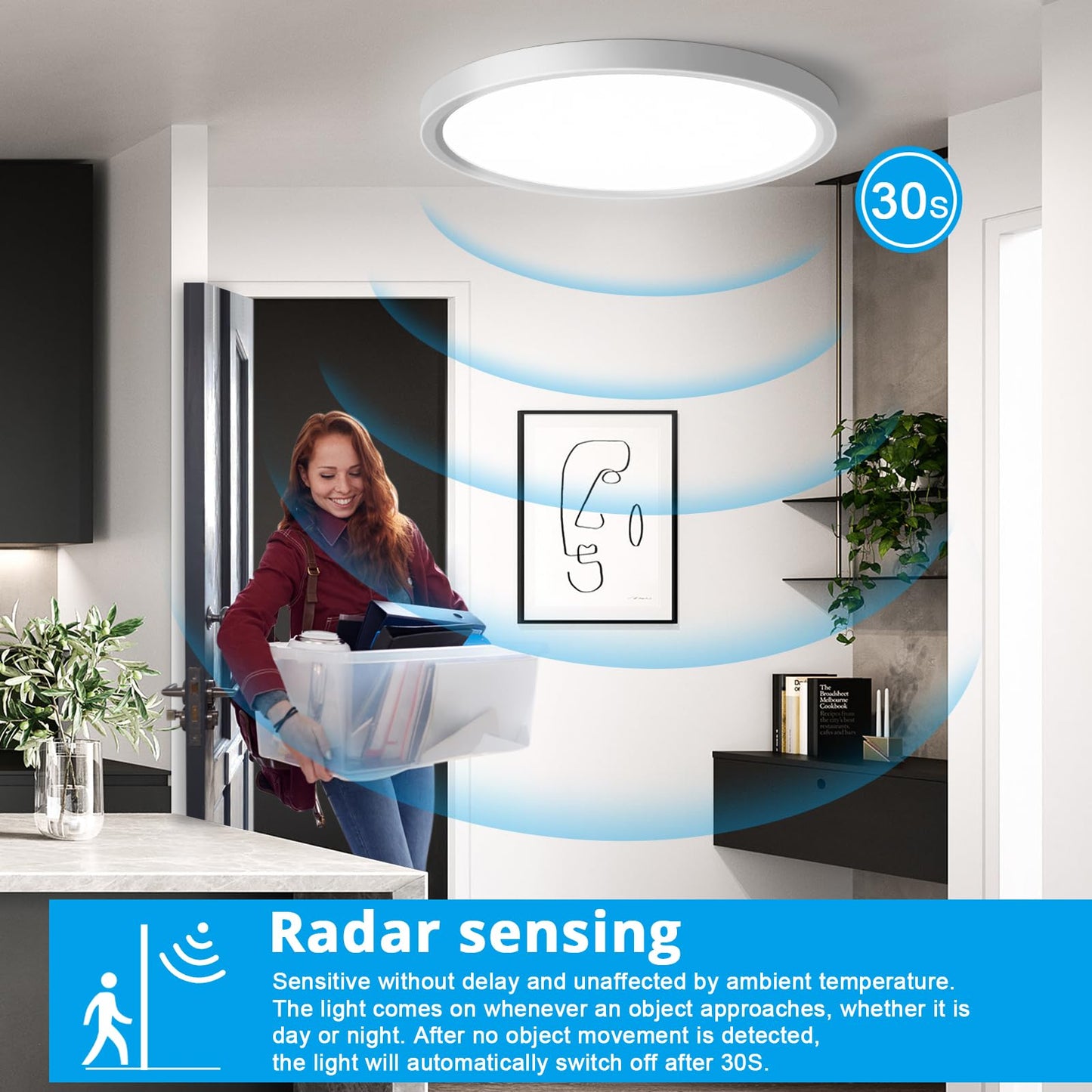OPPEARL [4 pieces lamp with motion sensor indoor 23CM, 18W ceiling light with motion sensor round, 4000K LED ceiling lamp motion sensor as hallway light, balcony/garage/cellar/storage room lamp.