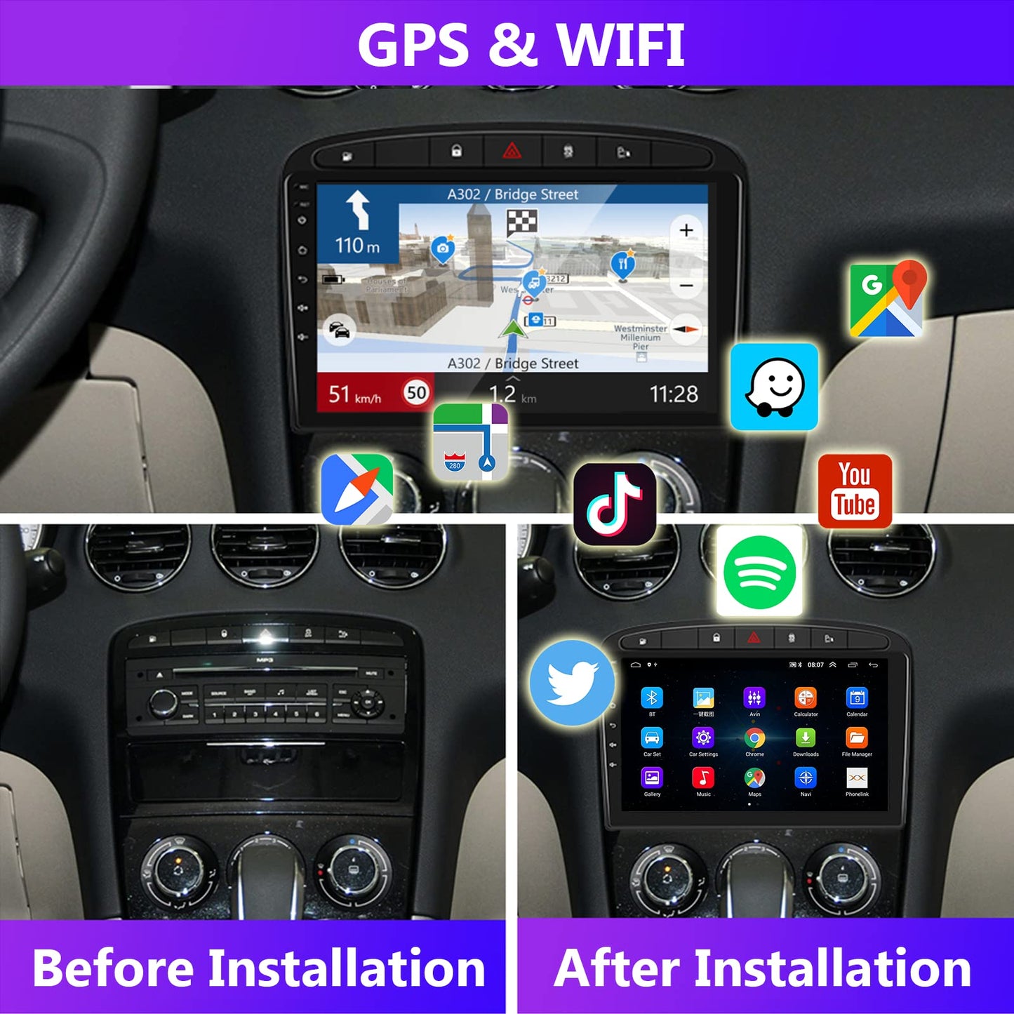 Podofo Android car radio GPS for Peugeot 308 408 2007-2015, 9" touchscreen, WiFi, Bluetooth, FM RDS radio, mirror link, USB, car navigation, video stereo player for Peugeot 308 + rear camera