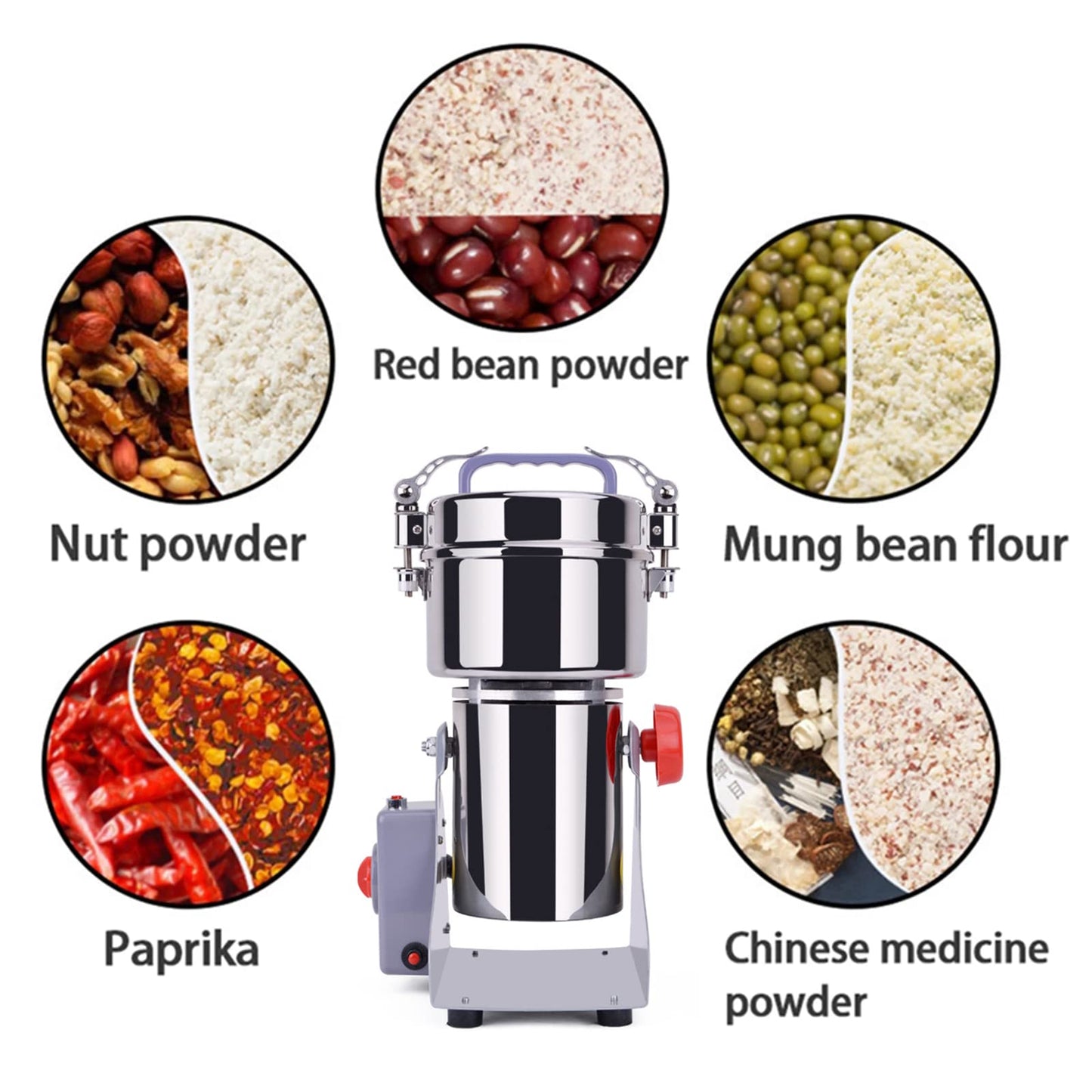 800g Electric Grain Mill, 2400W Grain Grinder Dry, Stainless Steel Machine Mill with Overload Protection & Open-Cover-Stop for Herbs/Grains/Spices