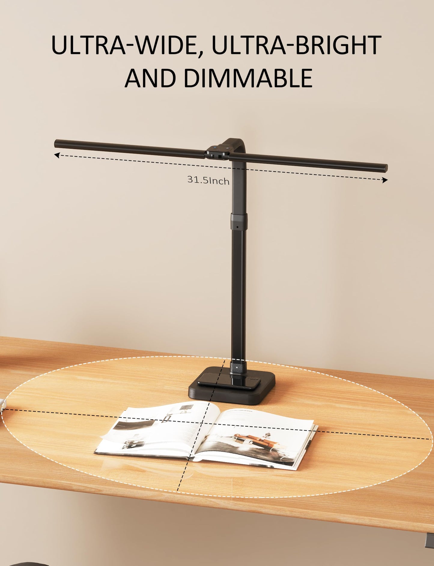 tantu desk lamp LED dimmable, 24W 80CM double head desk lamp, 5 color 5 brightness levels office lamp swan neck, desk lamp with base (black)