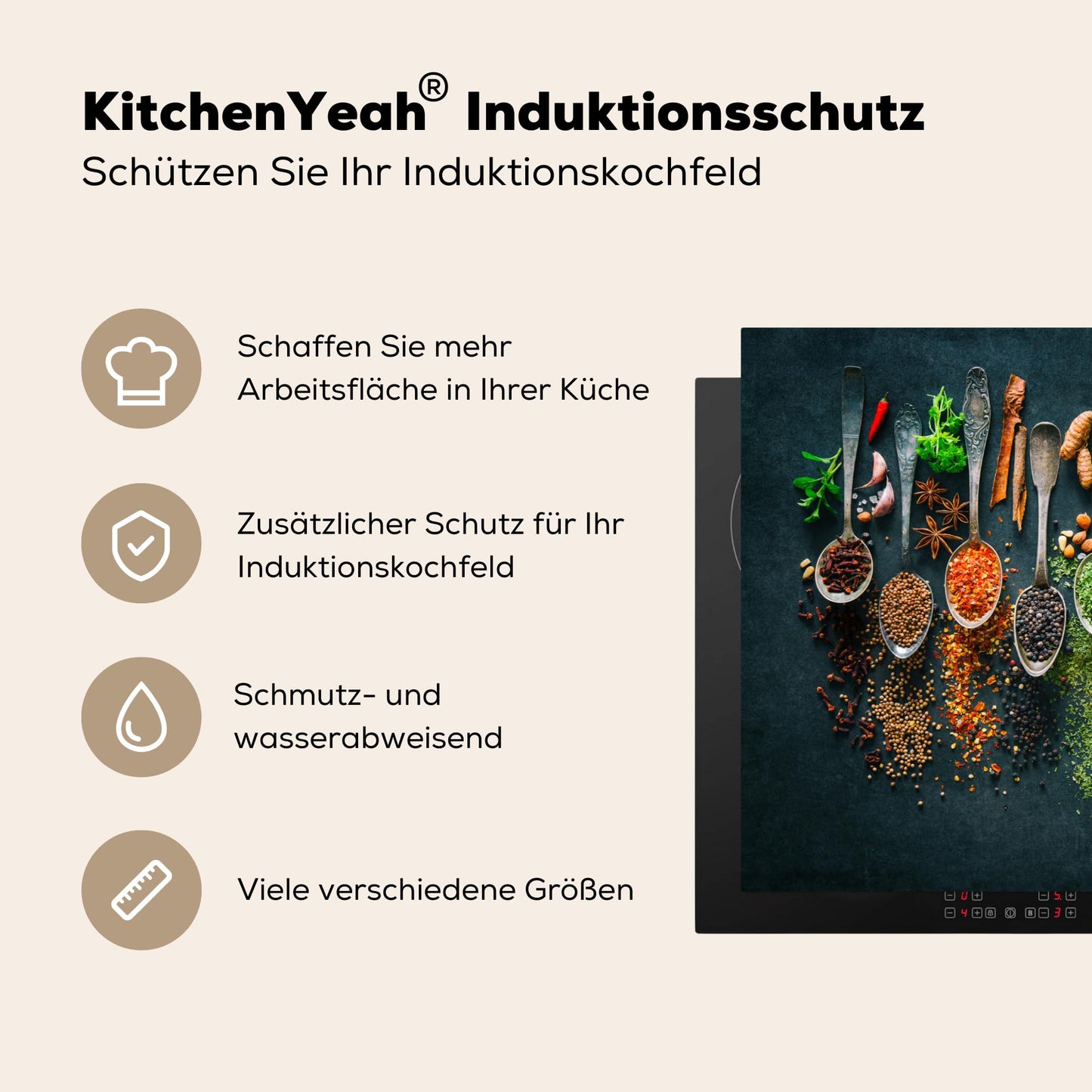 KitchenYeah© stove cover One-piece glass ceramic hob cover for induction protection ceramic hob cover vinyl stove covers herbs - spices - spoon - pepper - 78x52 cm